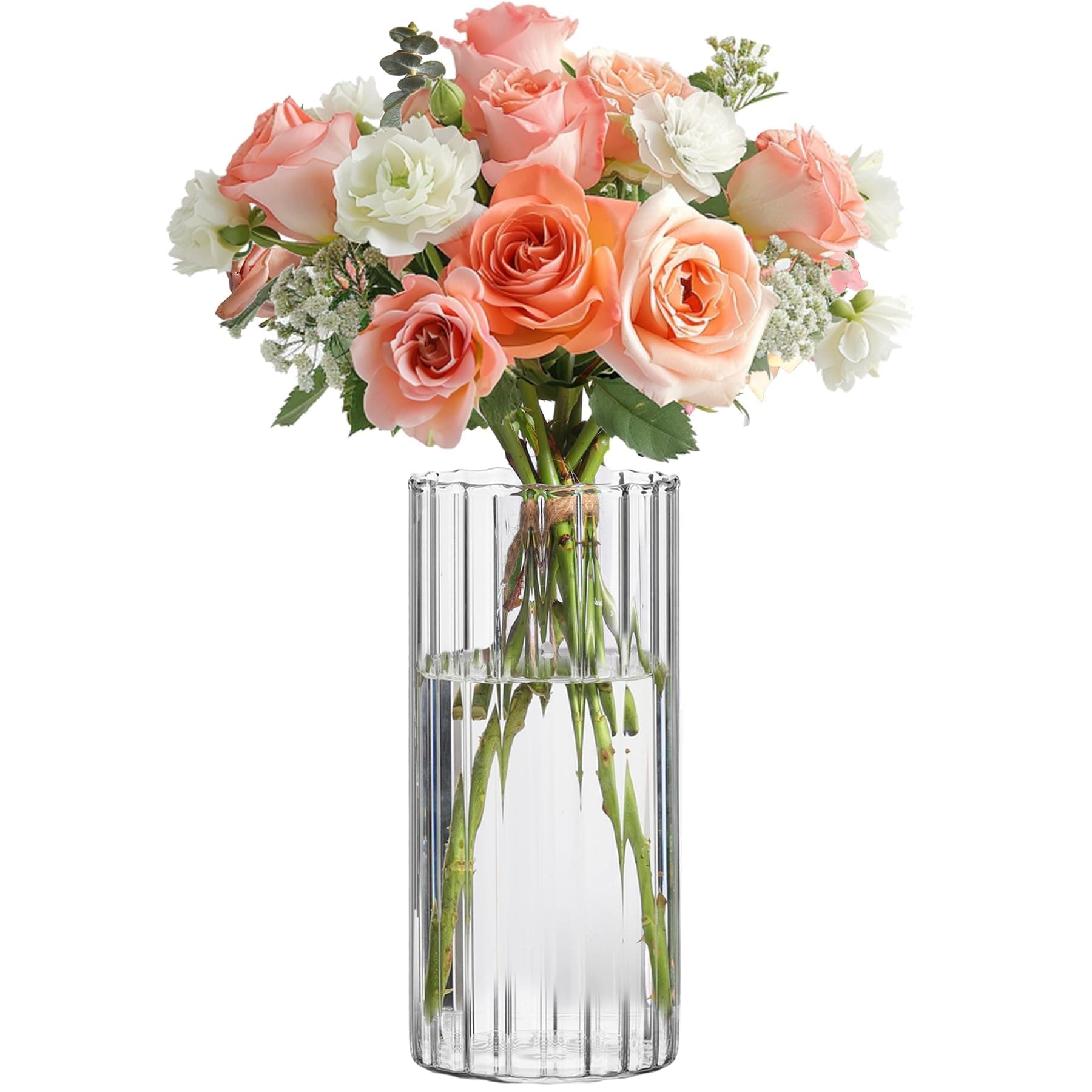 ComSaf Glass Cylinder Vase 8 Inch Tall, Clear Ribbed Decor for Centerpieces