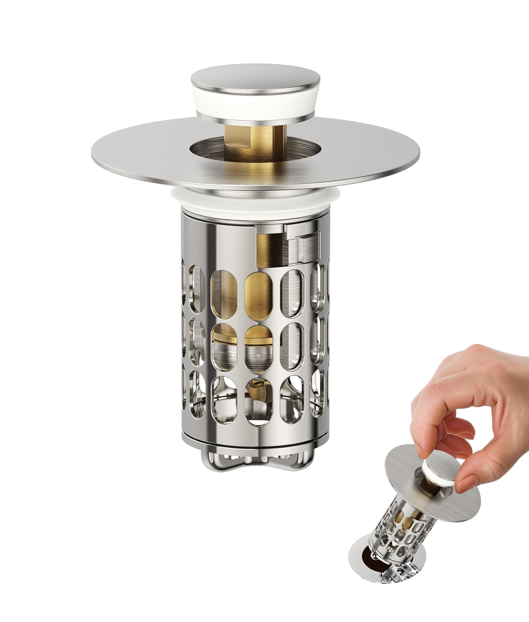 QYHNYJF Upgraded Bathroom Sink Stopper with Hair Catcher - Universal Pop-Up Drain Plug, Stainless Steel & Silicone Seal for 1.1-1.5 Inch Drains,Brushed Nickel Finish (Brushed Nickel)