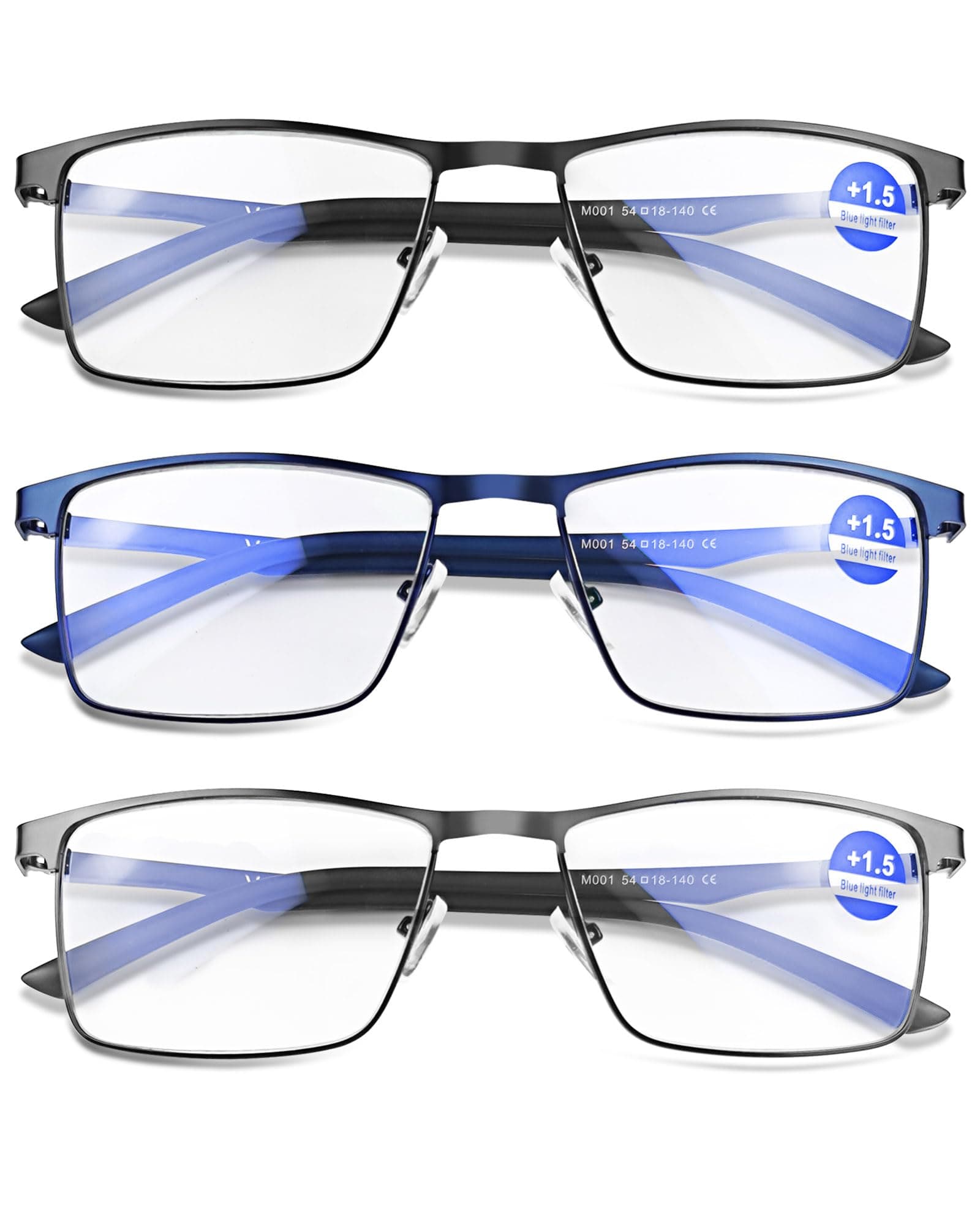 3 Pack Metal Reading Glasses Men TR90 Readers for Men,Business Style Sturdy and Durable, Blue Light Protection Cheaters +2.50
