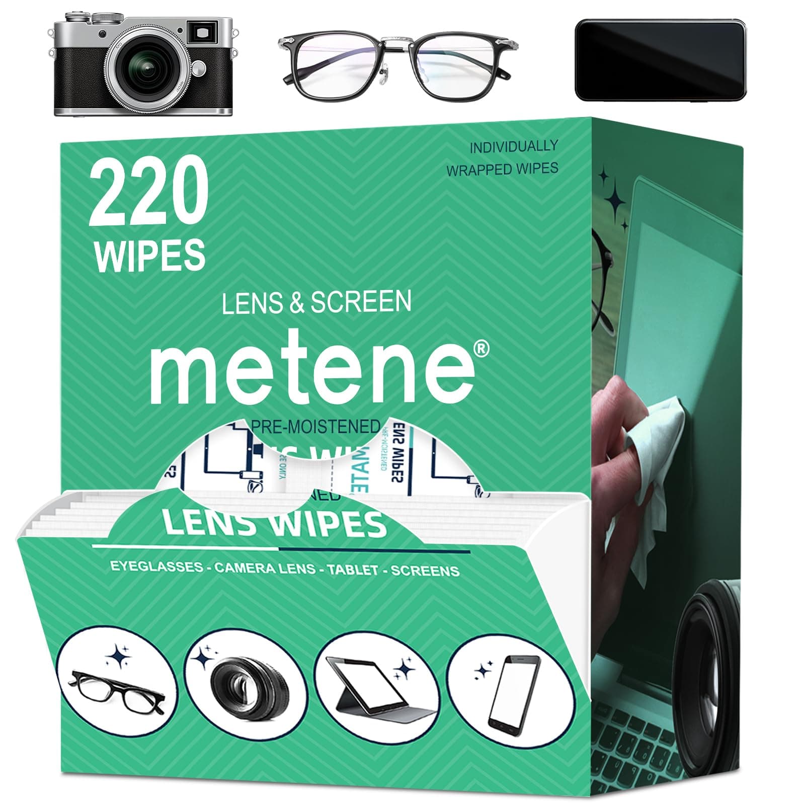 Metene Lens Wipes, 220 Pre-Moistened Individually Wrapped Glasses Wipes