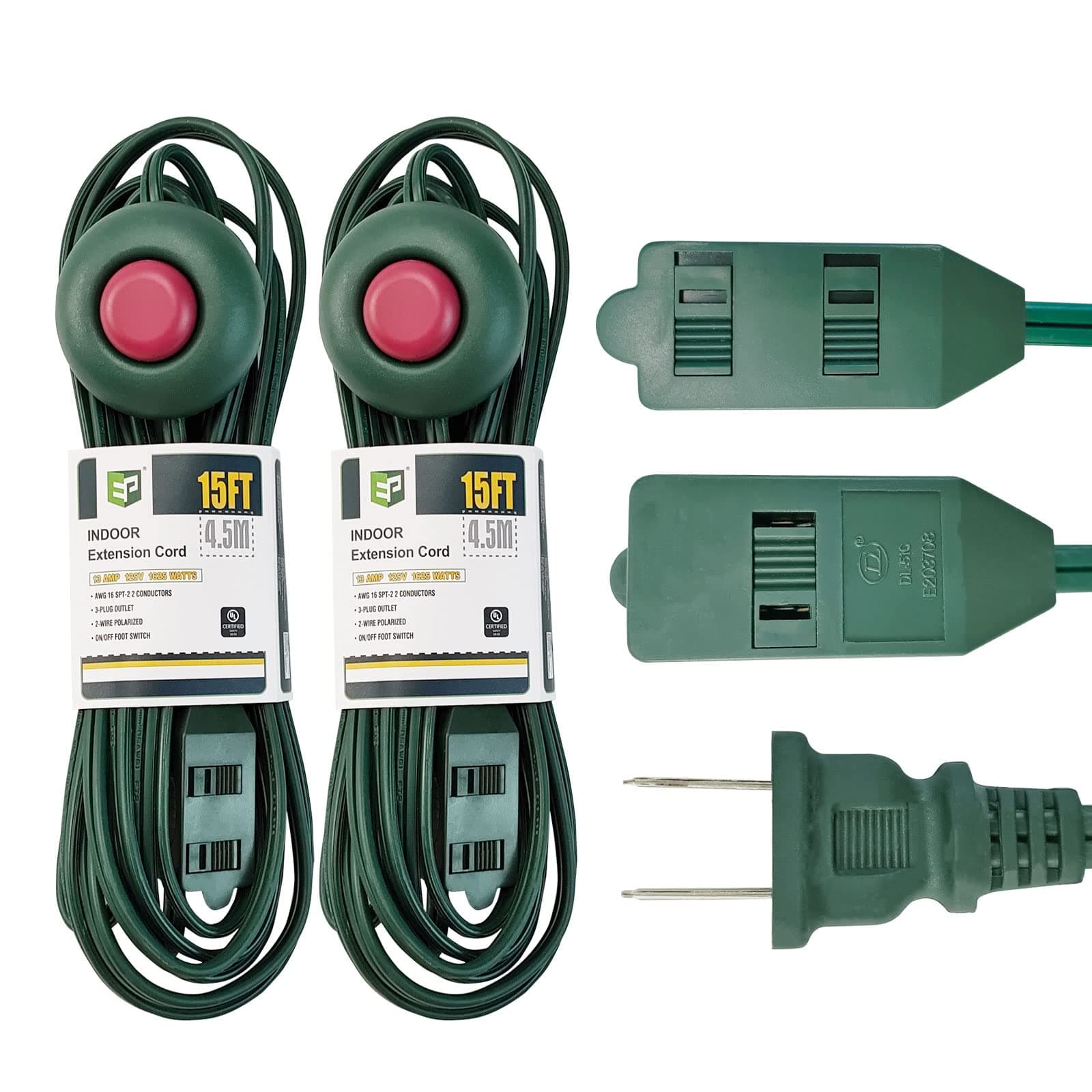 EP 2 Pack 15 ft Extension Cord with Foot Switch, ON/Off Switch Power Cord, 2-Prong 3 Electrical Power Outlets, 16/2C, Green