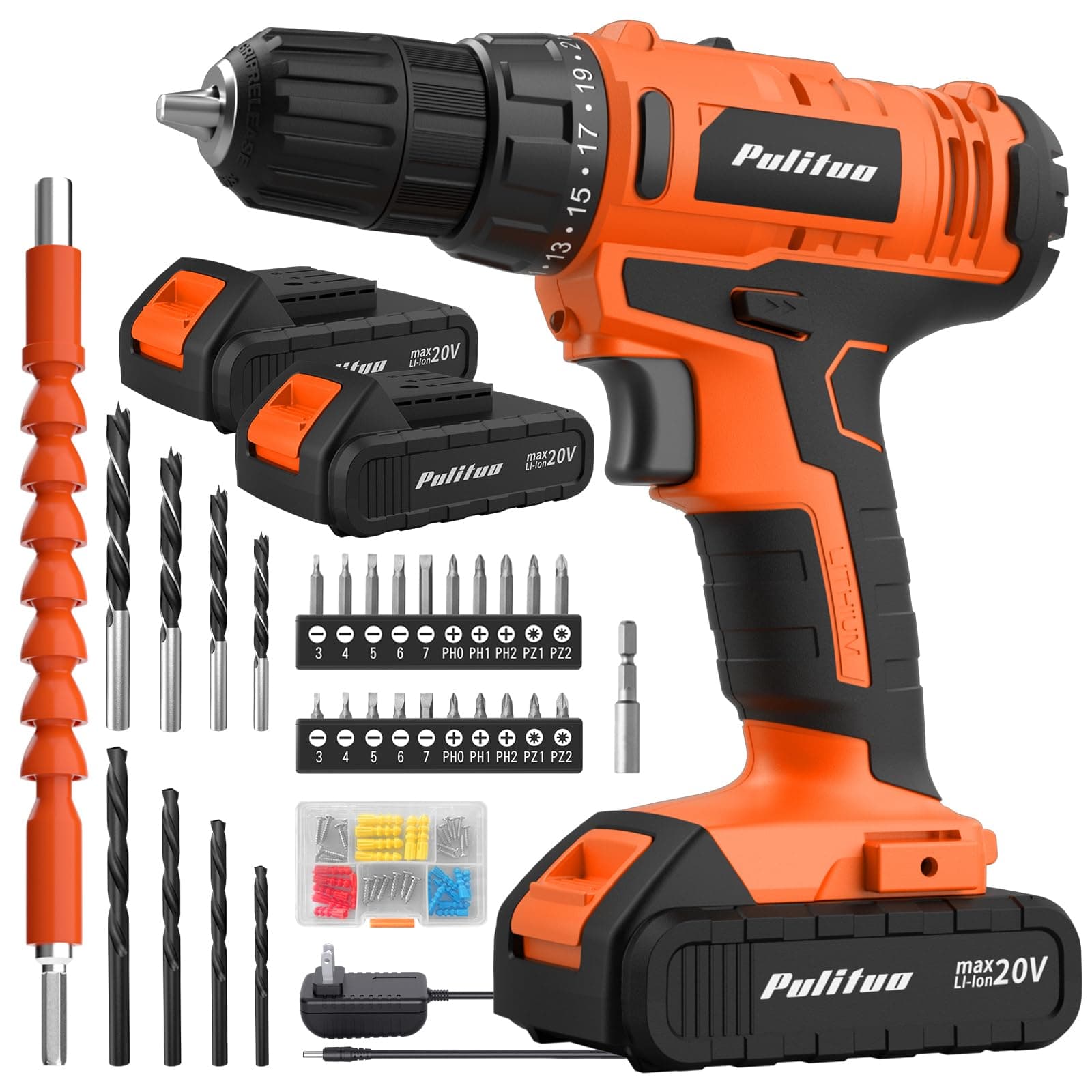 PULITUO 20V Cordless Drill/Driver, 2 Batteries Electric Screwdriver, 30Nm Power Drill Driver, 21+1 Torque, 2 Speed, 3/8" Keyless Chuck, Power Drill with LED Light, Drill Driver Kit for Home (Orange)