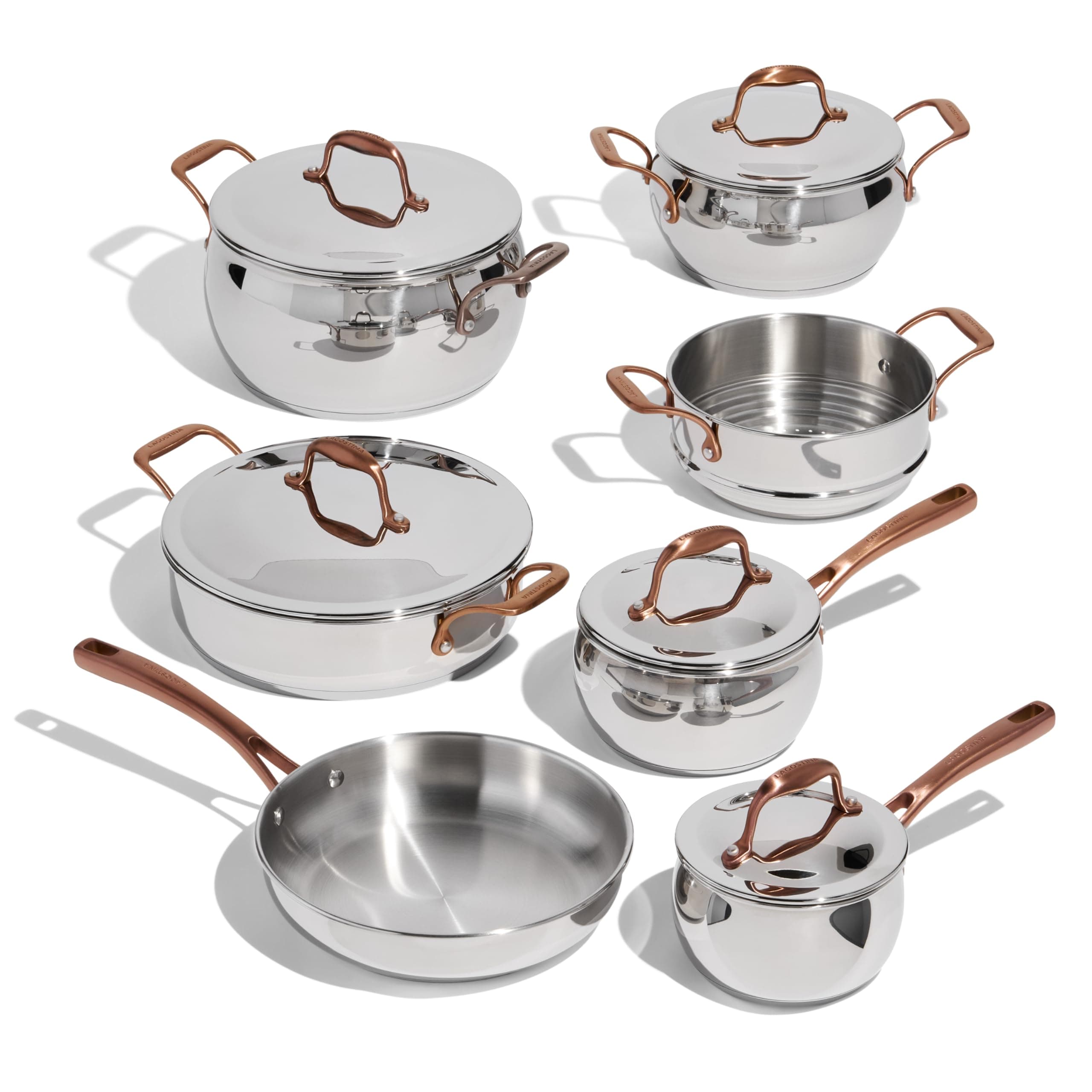 Lagostina Bronzeo Stainless Steel Cookware Set, 12-Piece, Induction Compatible, All Heat Sources, Oven Safe to 400°F (204°C), Bronze Riveted Handles