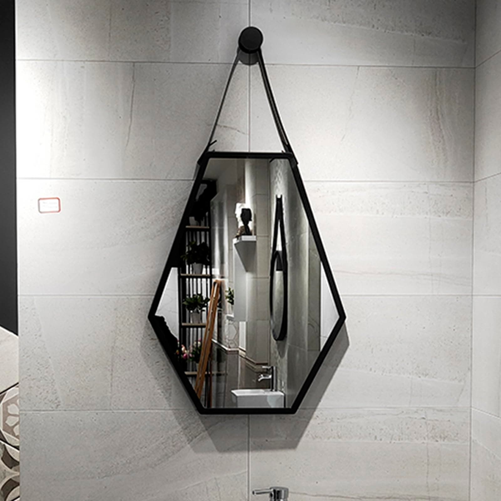 ACHZYFT Rhombus Bathroom Mirror Wall Mounted,Hexagonal Wall Mirror,Bathroom Hallway Mirror,Irregular Vanity Mirror,with Metal Chain,Wall Mountable,2 Colours(Size:46cm×56cm,Color:Black)