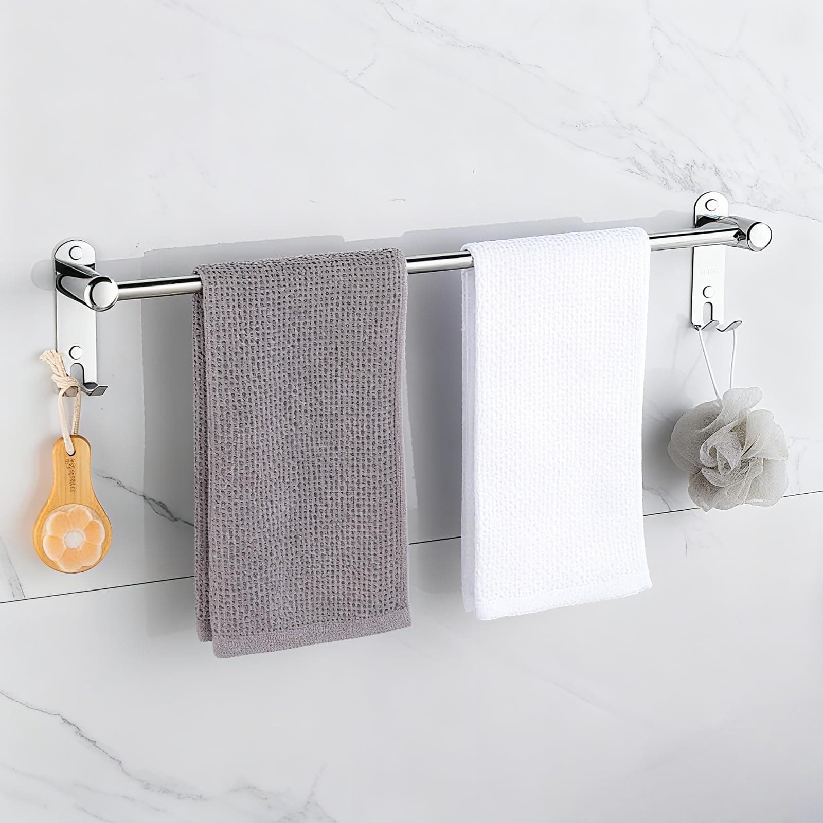 MEKENSO Adjustable Towel Rack Dual Hooks, Expandable Towel Bar 16.9 to 29.7 Inches, SUS304 Stainless Steel Towel Holder Drill and No Drill Installation.(Silvery)