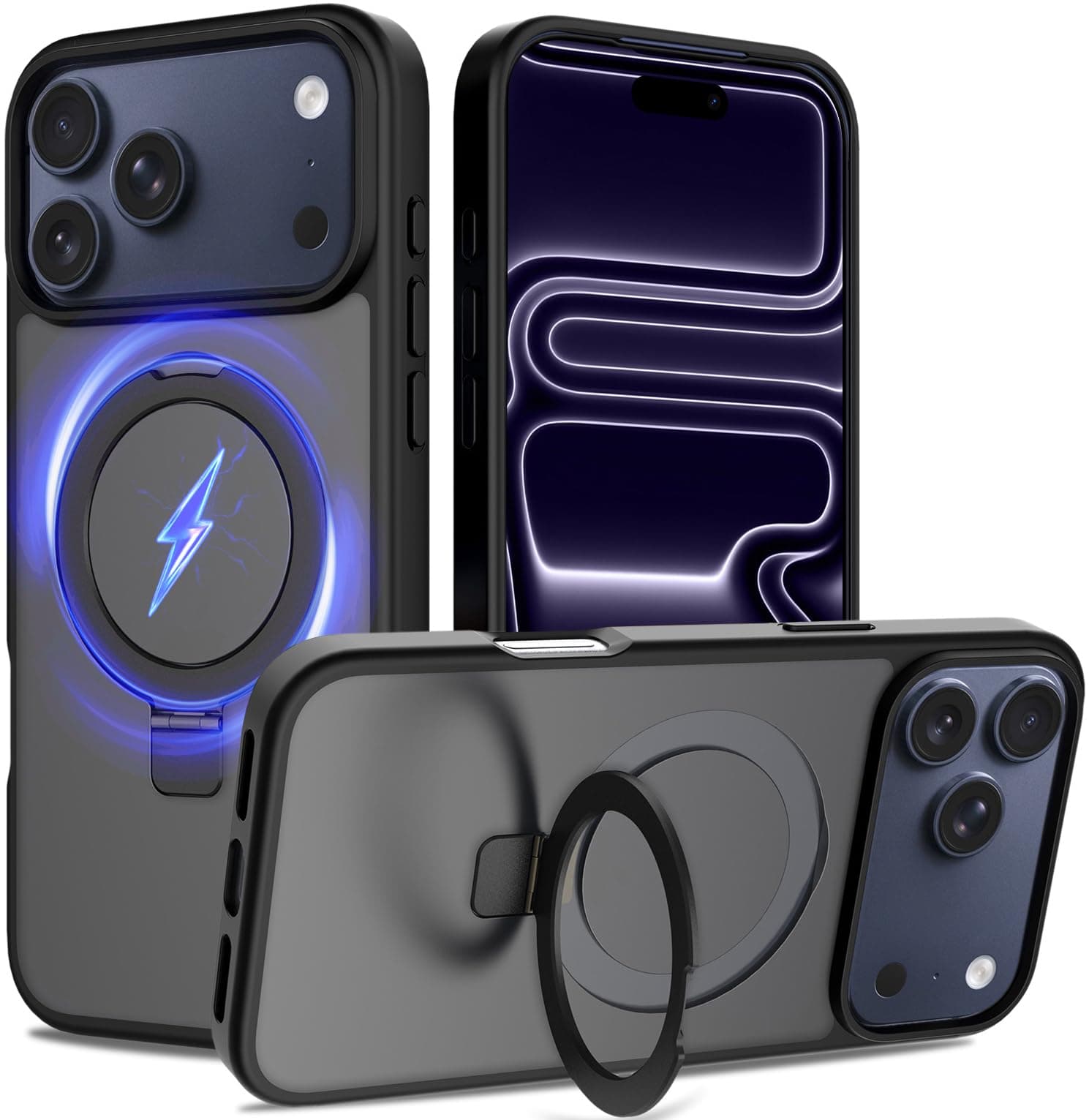 iYavvort Ultra-Magnetic Stand for iPhone 17 Pro Case [Military Drop Protection] [Compatible with MagSafe] Shockproof Translucent Matte Slim Ring Holder Case for iPhone 17 Pro (Black)
