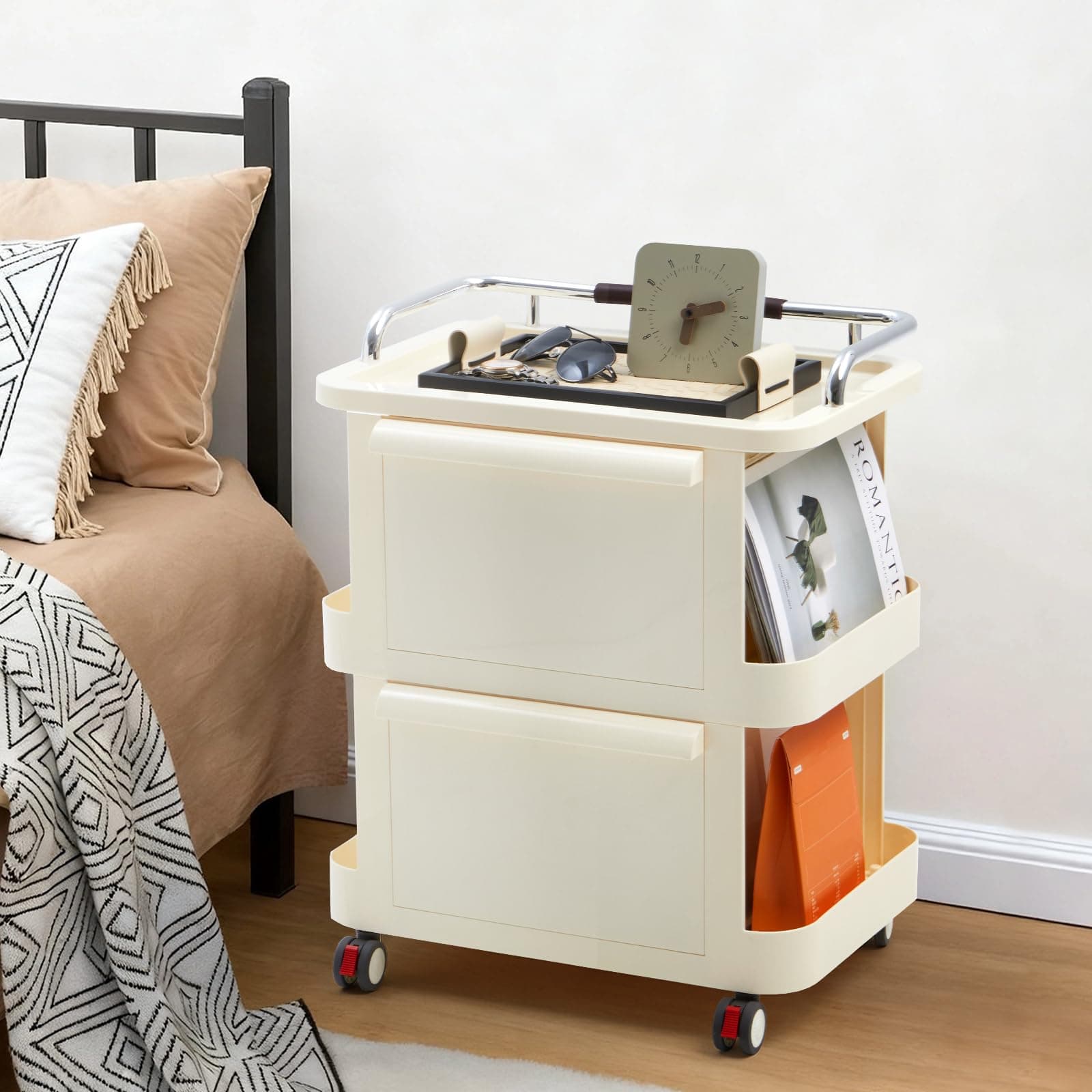 Narrow Rolling Utility Cart with Drawers - 2-Tier Mobile Storage Organizer with Open Shelves, Lockable Casters for Kitchen, Bathroom, Craft, Bedroom, Beige