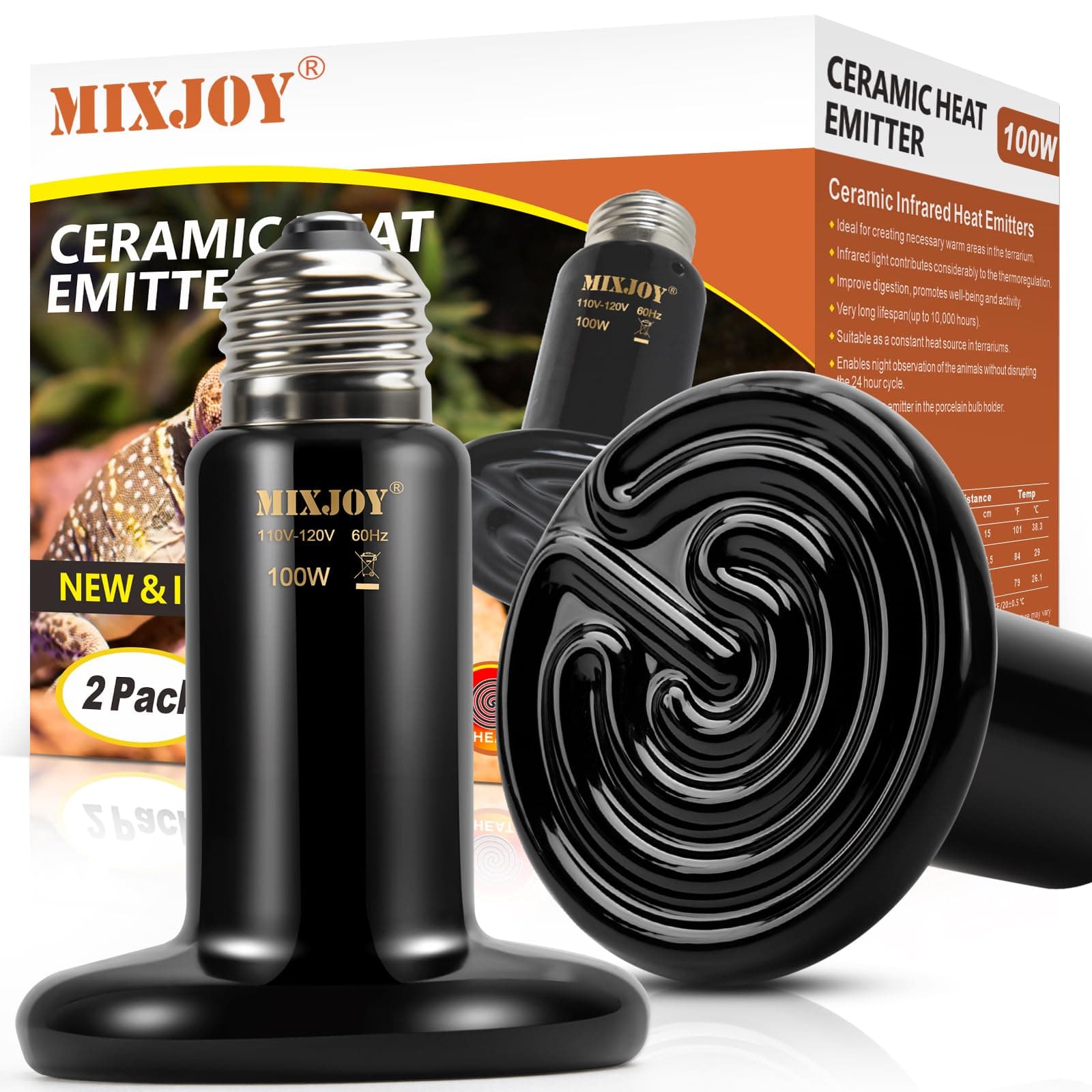 MIXJOY 2Pack 100W Reptile Heat Lamp，No Light Emitting Ceramic Heat Emitter，Infrared Heat Lamps for Terrarium Chicken Coop Lizard Bearded Dragon Turtle Snake