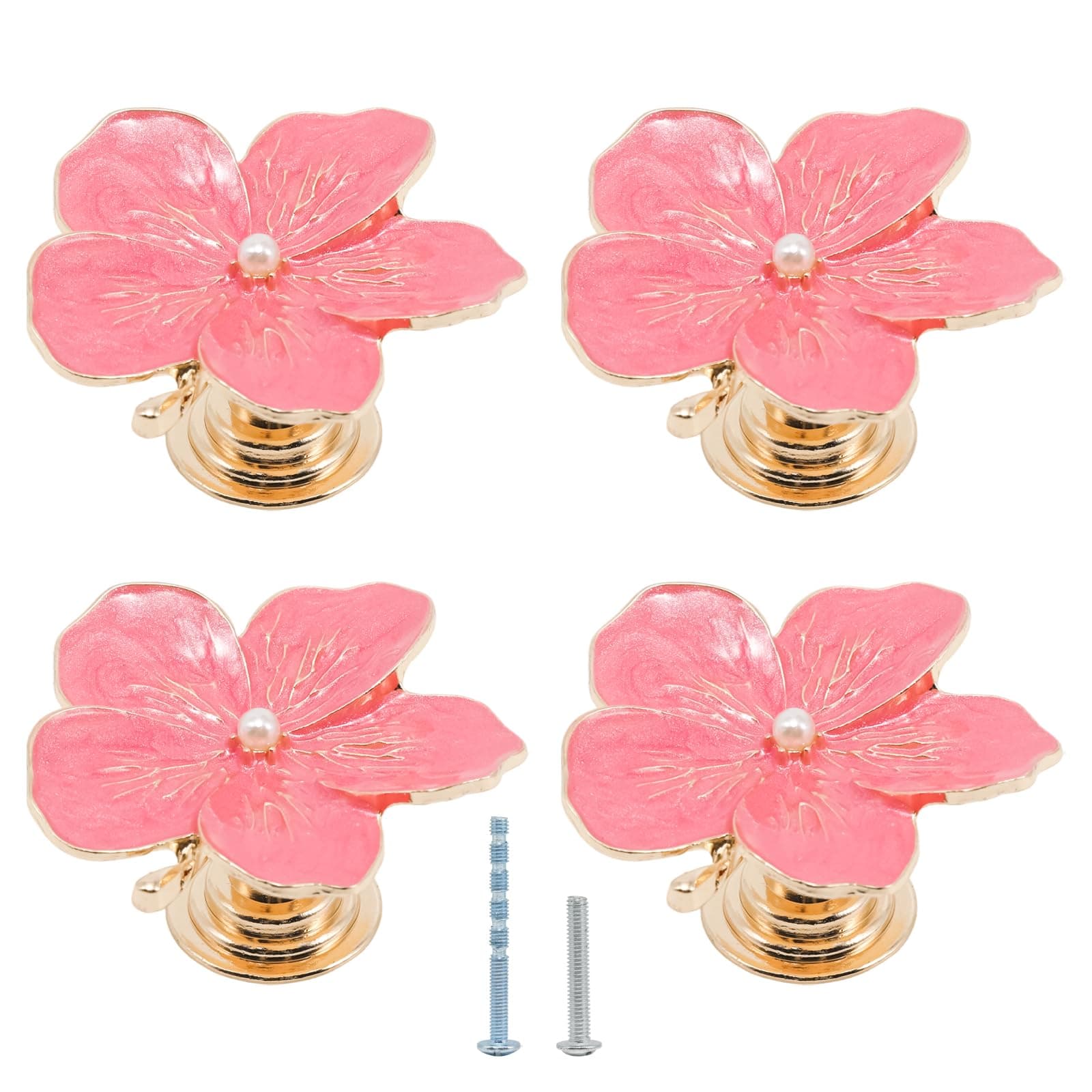 YUYUDEHM 4 Pcs Pink Flower Dresser Knobs, Pearl Decorative Vintage Handles, Metal Knobs for Drawer, Dresser, Cabinet (8 Screws)
