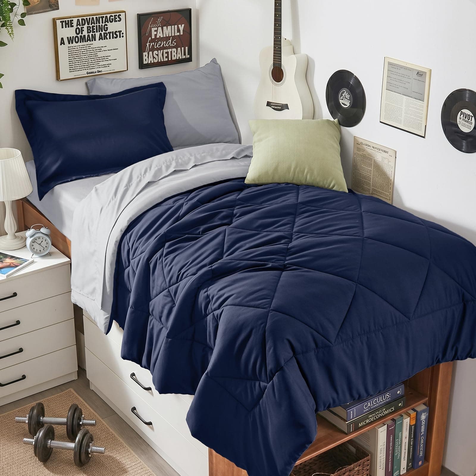 HEVUMYI 7-Piece Twin Comforter Set, Navy Blue & Grey