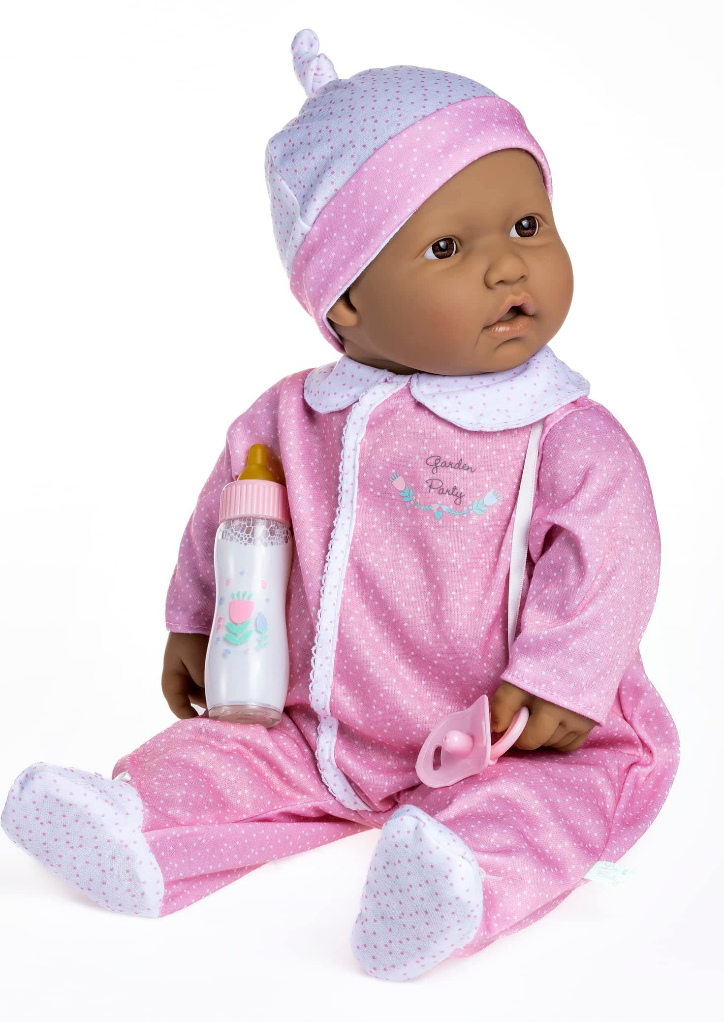 JC Toys La Baby Hispanic - Small Soft Body Doll, 20 Inches, Washable, Removable Pink and White with Hat, Pacifier and Magic Bottle, for Children from 12 Months