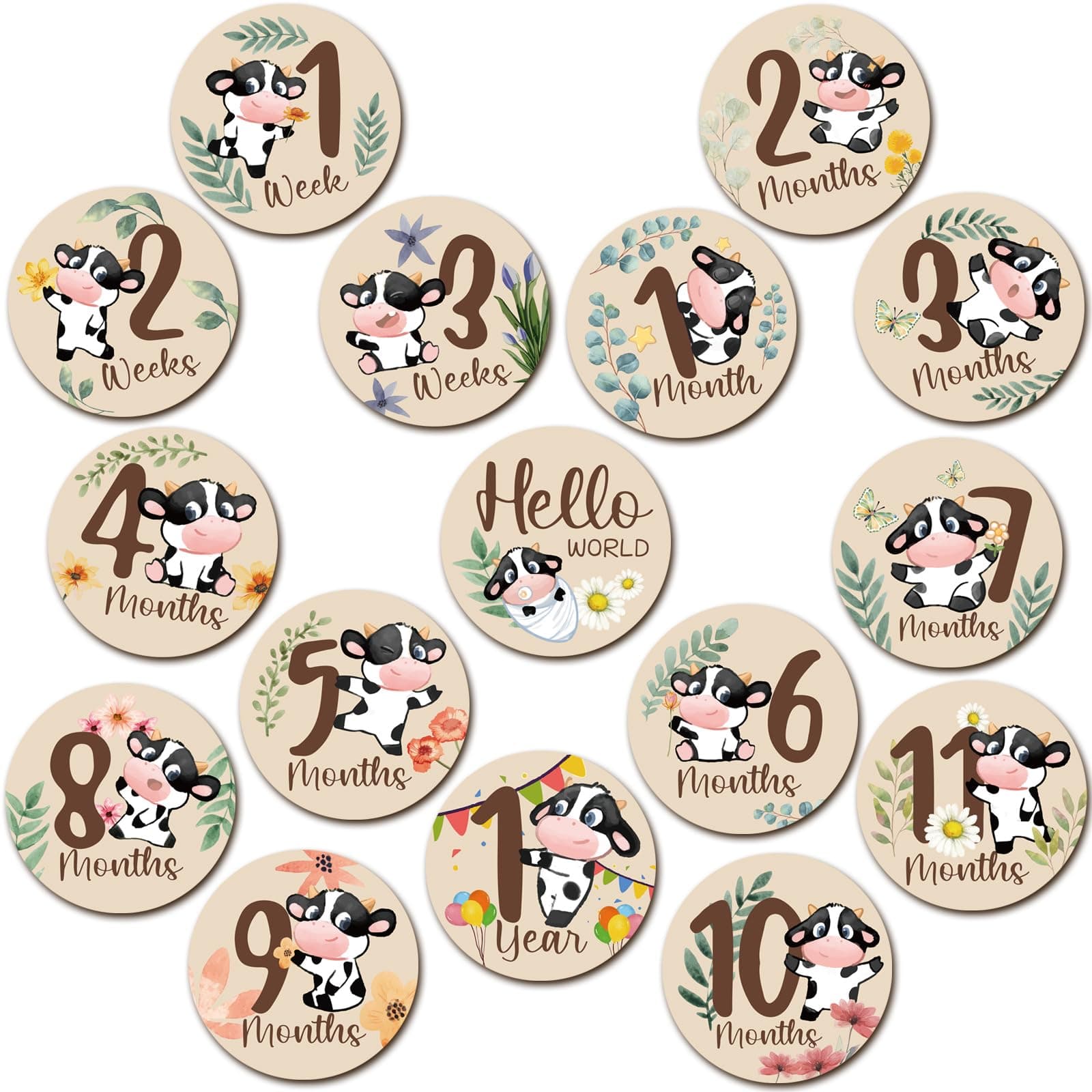 Tiamon 16 Pcs Baby Monthly Milestone Cards Wooden, Cow and Leaves
