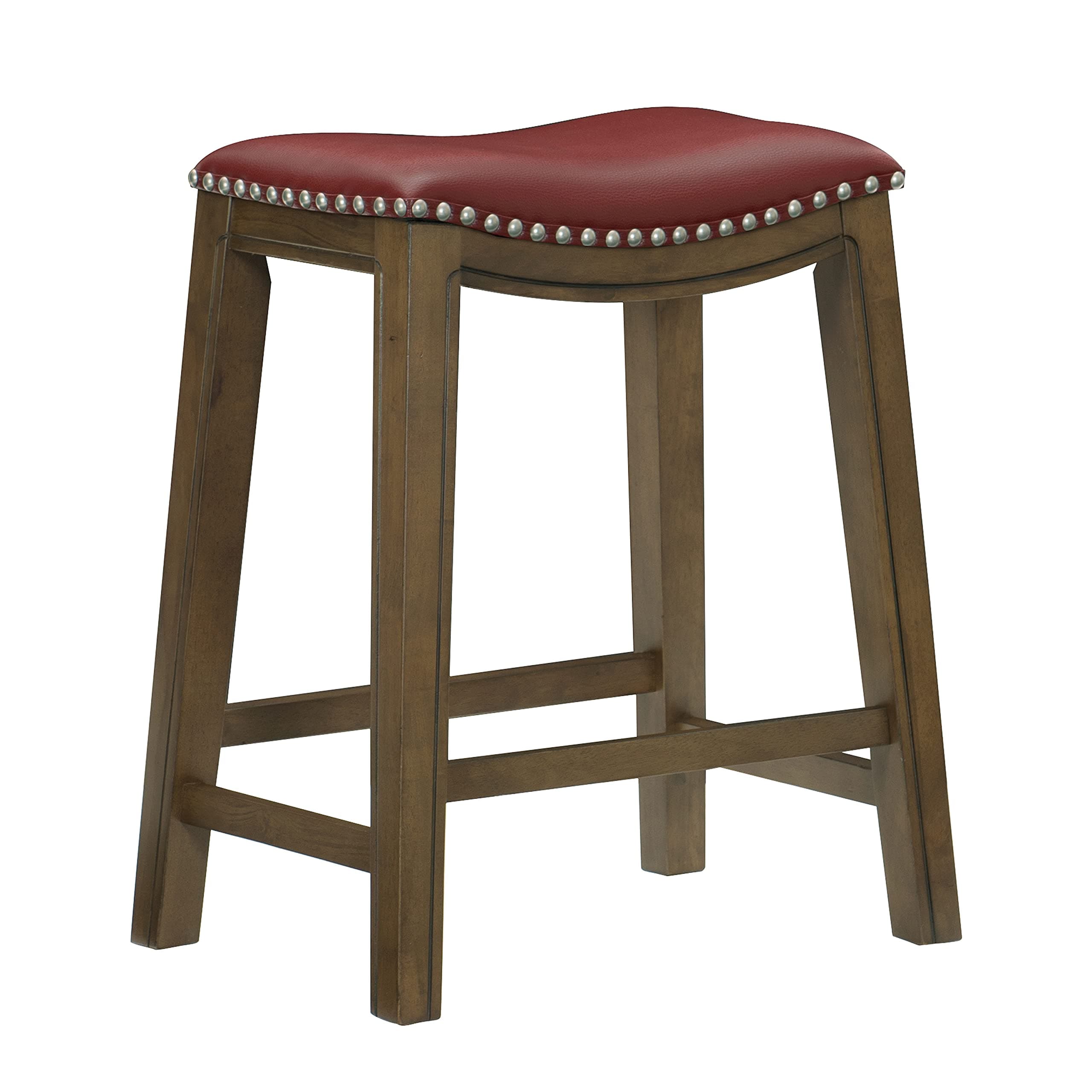 Lexicon Alviso Solid Wood Stools, 26-Inch Counter Height Upholstered Padded Saddle Counter Stools, Faux Leather, Easy Assembly Narrow Solid Wood Frame, Nickel Nailhead, Modern Rustic - Red