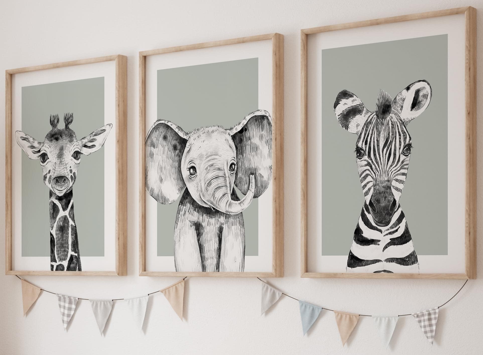 Safari Animals Baby Girl Boy Set of 3 Nursery Unframed Prints, Bedroom Decor Wall Art Posters, Black and White Elephant Giraffe Zebra, Green Background (11x14)