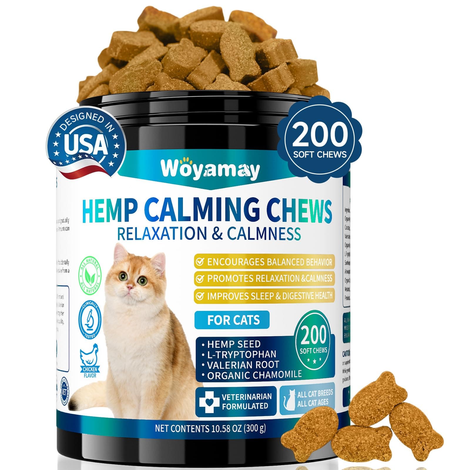 Woyamay Cat Calming Chews, 200 Treats Calming Treats for Cats for Anxiety & Stress Relief, Calming Treats for Cats, Melatonin Cat Calming Chews for Separation, Travel, Grooming