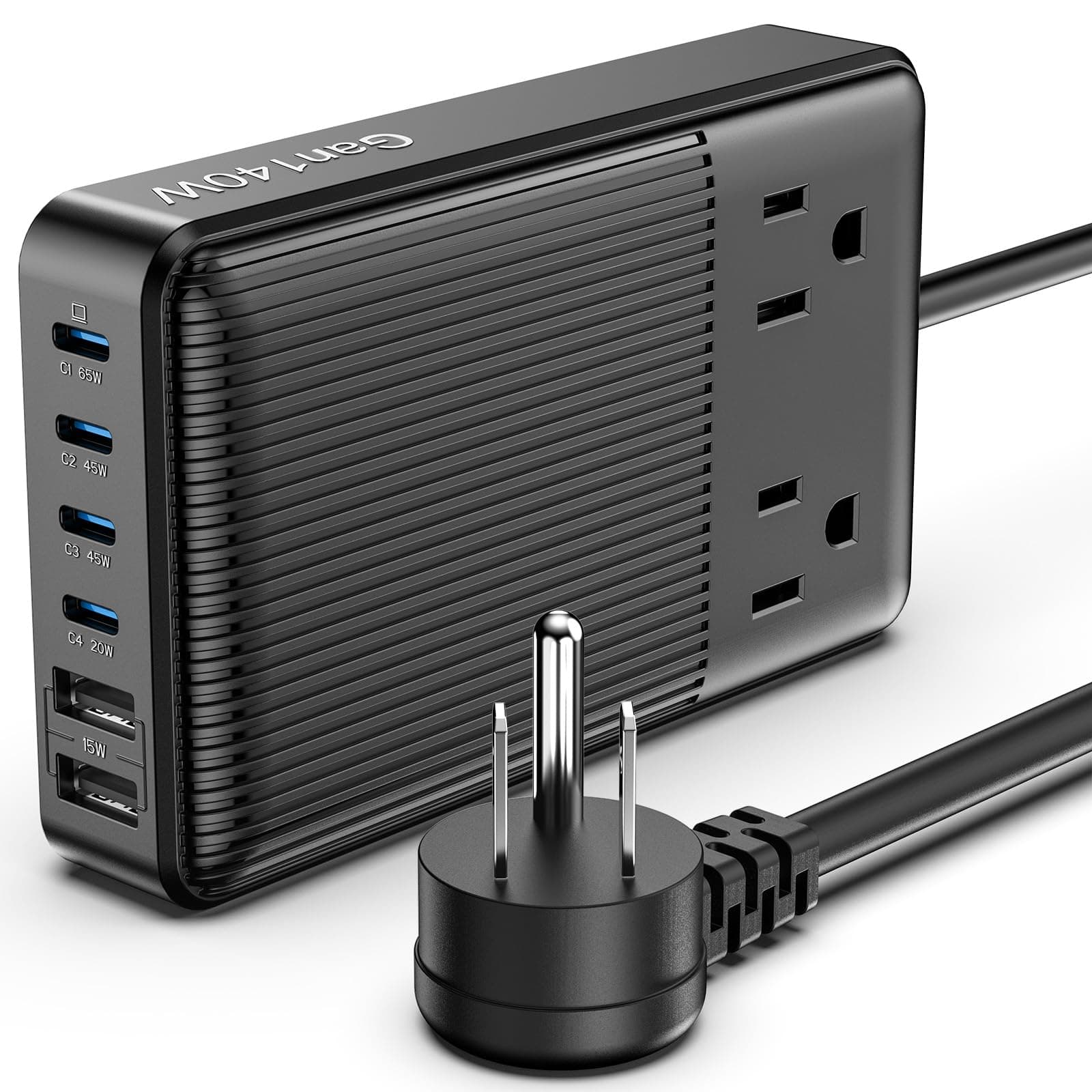 Charging Stations Flat Plug Power Strip 140W, 8-in-1 Power Strip, GaN Charger USB C Fast Charging Station with 2 AC, 4 USB C, 2 USB A, Ports, 6.5ft Extension Cord. for iPhone/MacBook/Laptop (Black)
