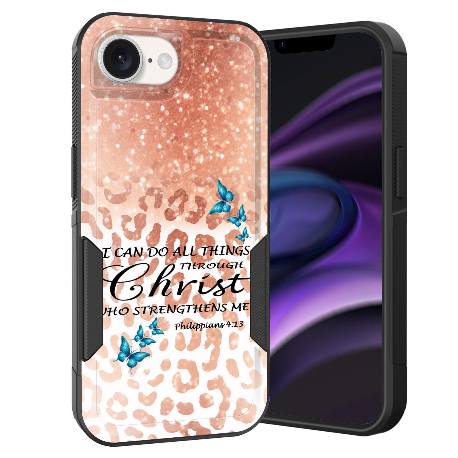 KJFHDJFDH for iPhone 16E Case,Dual Layer Hybrid Heavy Duty Rugged Shockproof Hard PC +Soft Silicone Protective Case for iPhone 16e 6.1'' 2025,Bible Verse Philippians 4:13 Leopard