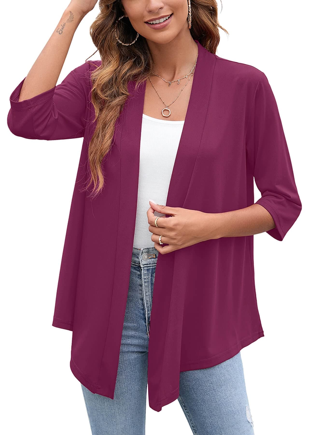 Heymoments Women's Lightweight Open Front Cardigans 3/4 Sleeve Casual Soft Drape Fall Cardigan S-2XL