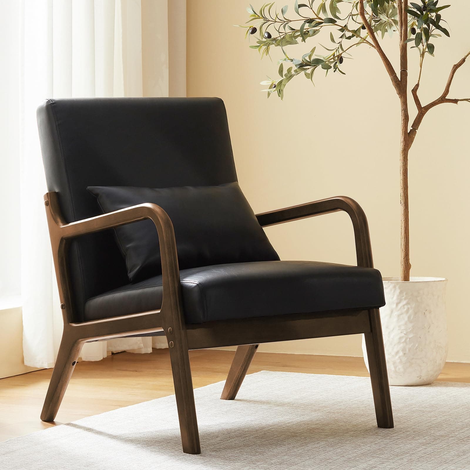Achicsofar Accent Chair Mid Century Modern Armchair with Lumbar Support Pillow Wood Legs PU Leather Upholstered Lounge Chairs Comfy High Back Cushion for Living Room Bedroom