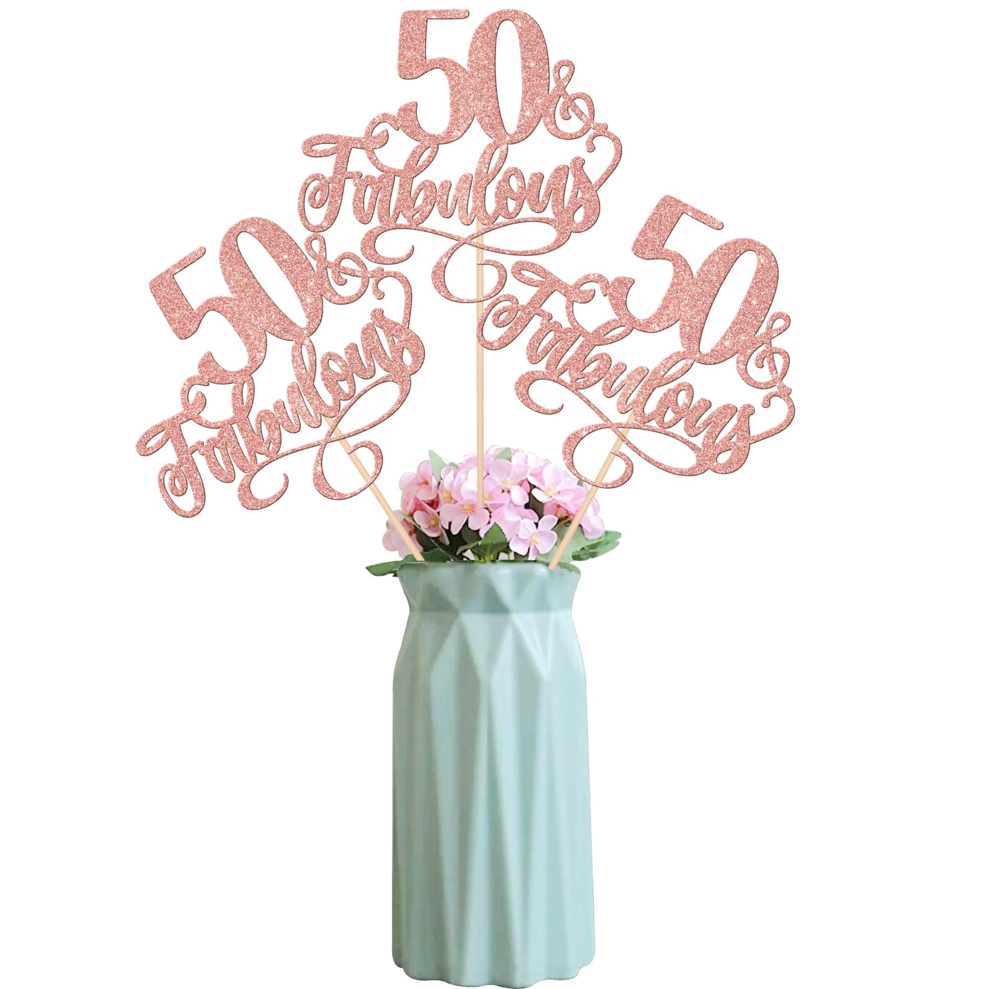 12 Pack 50th Birthday Centerpiece Sticks Assembled Glitter 50 & Fabulous Birthday Table Centerpiece Sticks for Cheers to 50 Years Old Birthday Theme Party Supplies Rose Gold