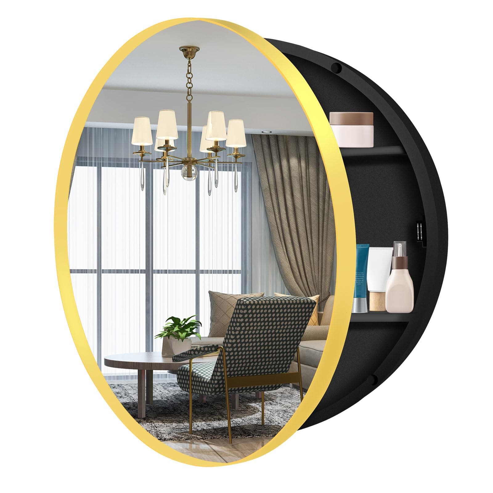26 Inch Round Medicine Cabinet with Mirror, Gold Bathroom Medicine Cabinet for Wall Metal Framed, Surface Mount Only Circular Storage Cabinet with Vanity Mirror