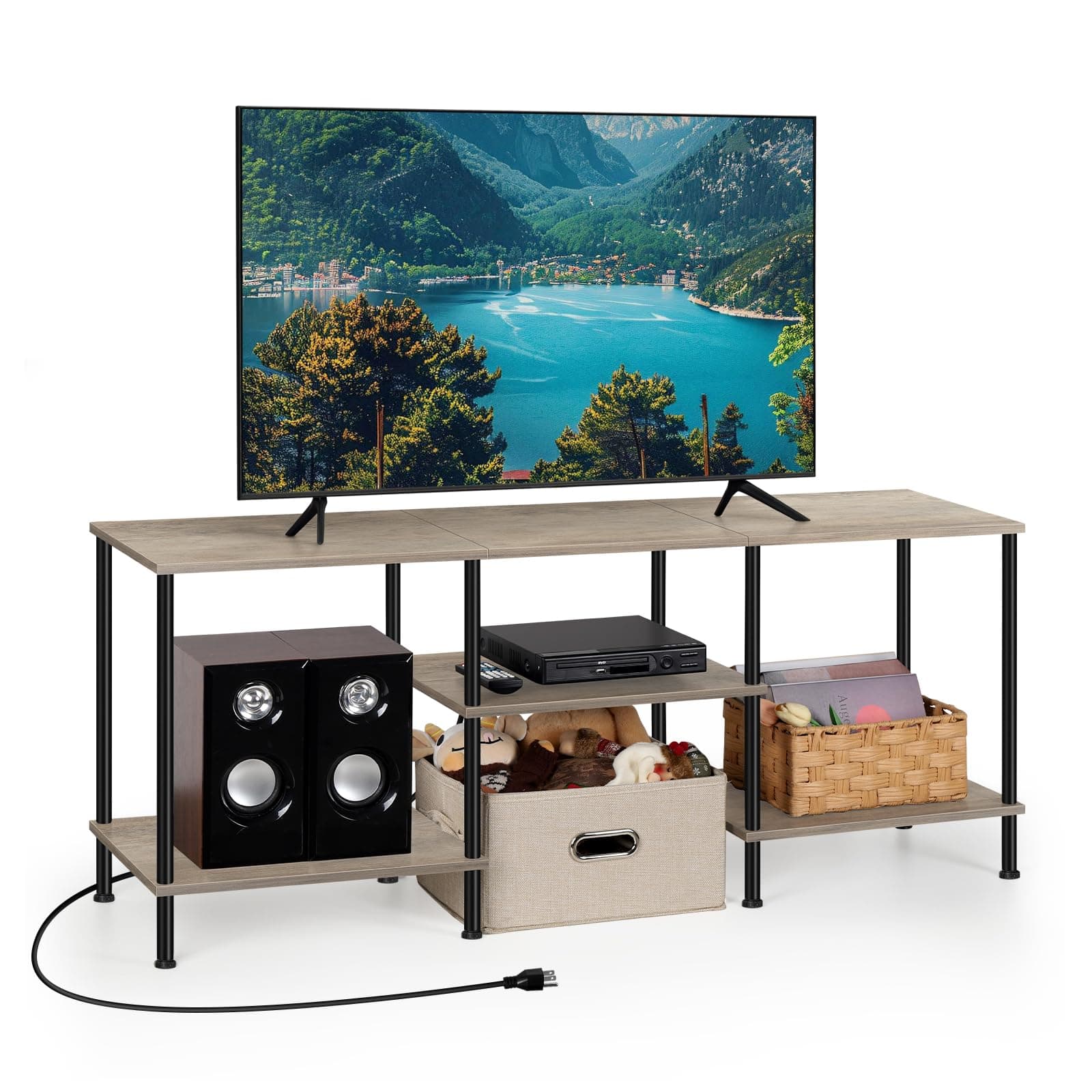 50 Inch TV Stand with Power Outlet Grey Entertainment Center with Storage