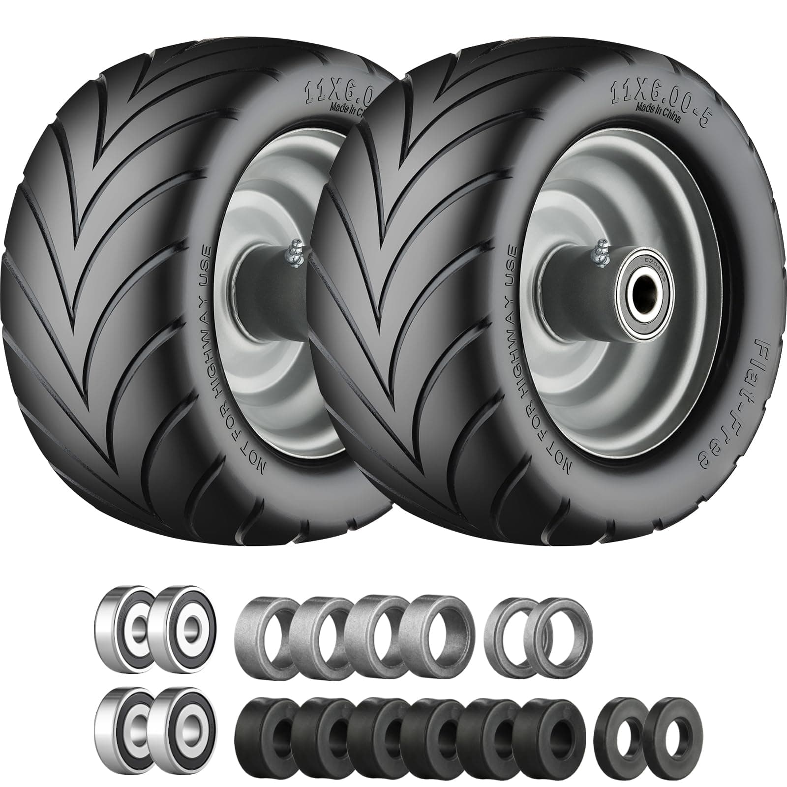Cubesprings 11x6.00-5 Flat Free Tire with Chevron Tread, Zero Turn Lawn Mower Tires with 3/4" or 5/8" and 1/2" Bearings, 5.2"-8.3" Centered Hub,11x6.00-5 Tires for Zero Turn Mower Gray Rim - 2Pack