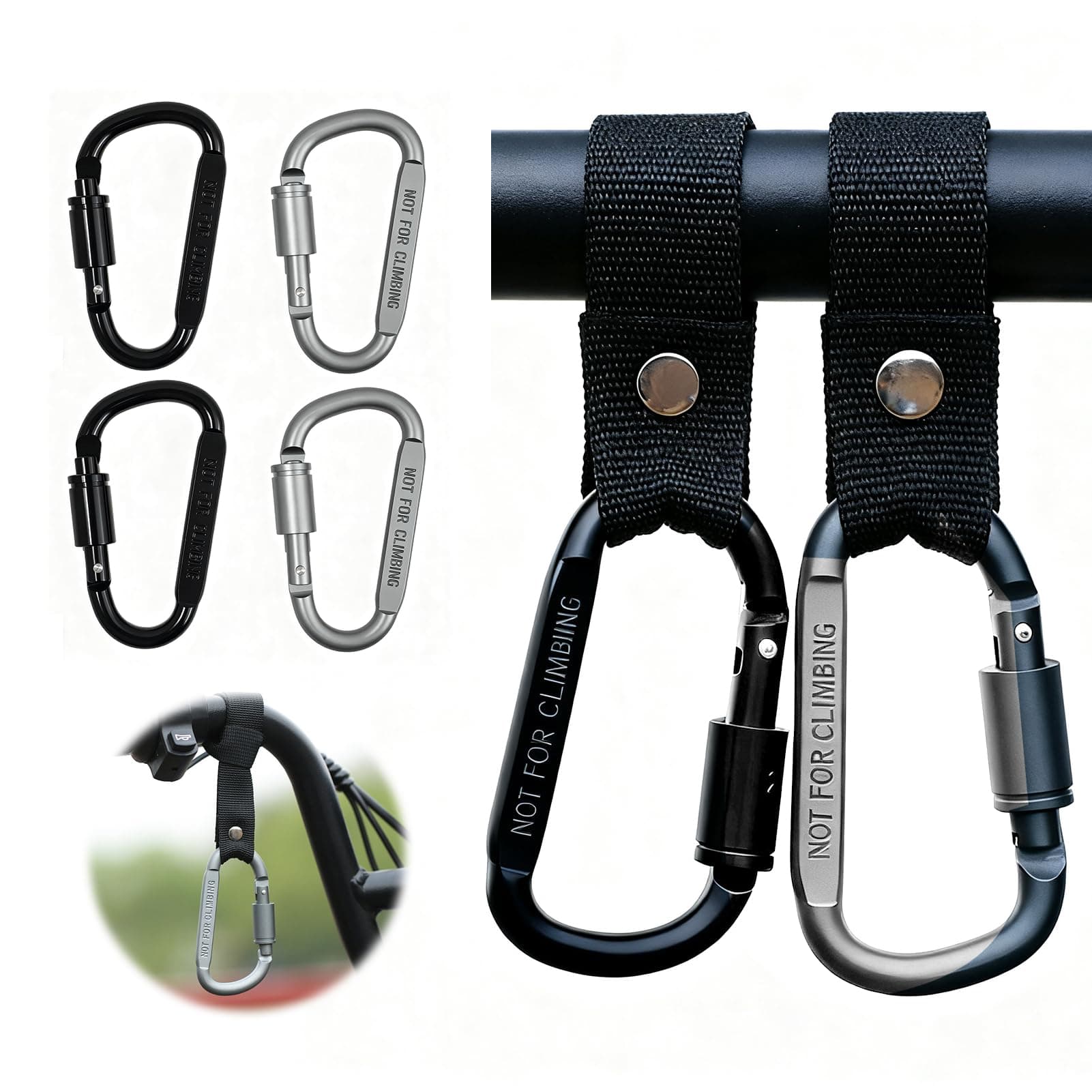 YENOVO 4 Pack Stroller Hooks, Carabiner Clips with Nylon Straps for Bicycle, Motorcycle, Wheelchair, Luggage, Scooter, Can be Used to Hang Diaper Bags, Helmets, Shopping Bags