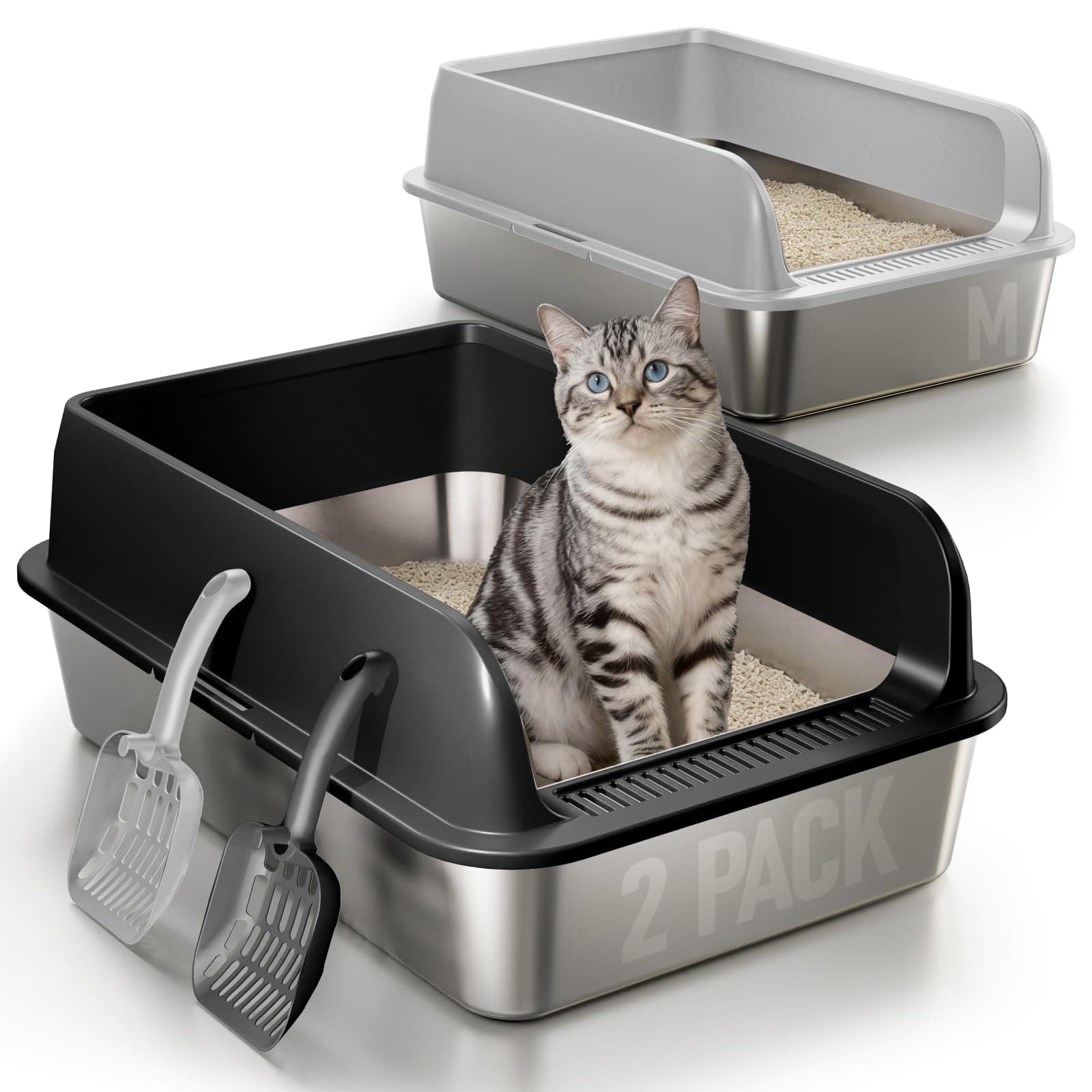 2 Pack Stainless Steel Cat Litter Box with Scoops, Non-Stick, Easy Clean