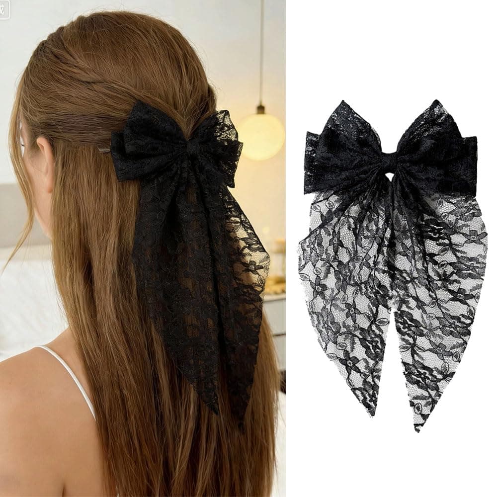 1 Pcs Large Lace Hair Bows for Women, Black Tulle Hair Bows Clips with Long Tail, Cute Translucent Mesh with Flower Design Hair Bow Barrette for Wedding Birthday Party Bridal Shower Gift