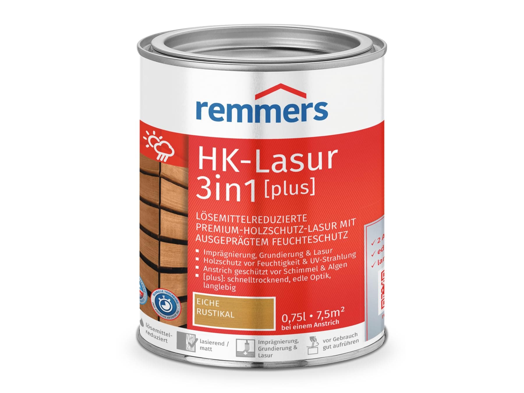 Remmers HK-Lasur 3 in 1 [plus] Rustic Oak Matt 0.75 Litre Solvent Reduction Premium Wood Protective Paint for Outdoor 3 in 1 Quick Dry Durable