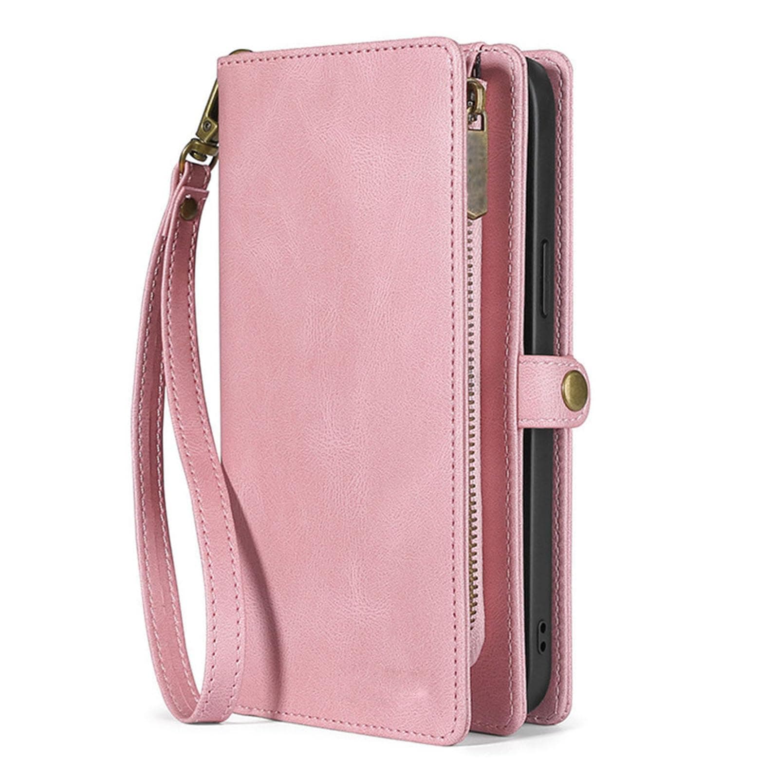 YUANSHXM-Flip Phone Case for iPhone 15 Pro Max/15 Pro/15 Plus/15, Cover Leather with Card Pockets Large Space Zipper Wallet Shell (Pink,15 pro max 6.7'')