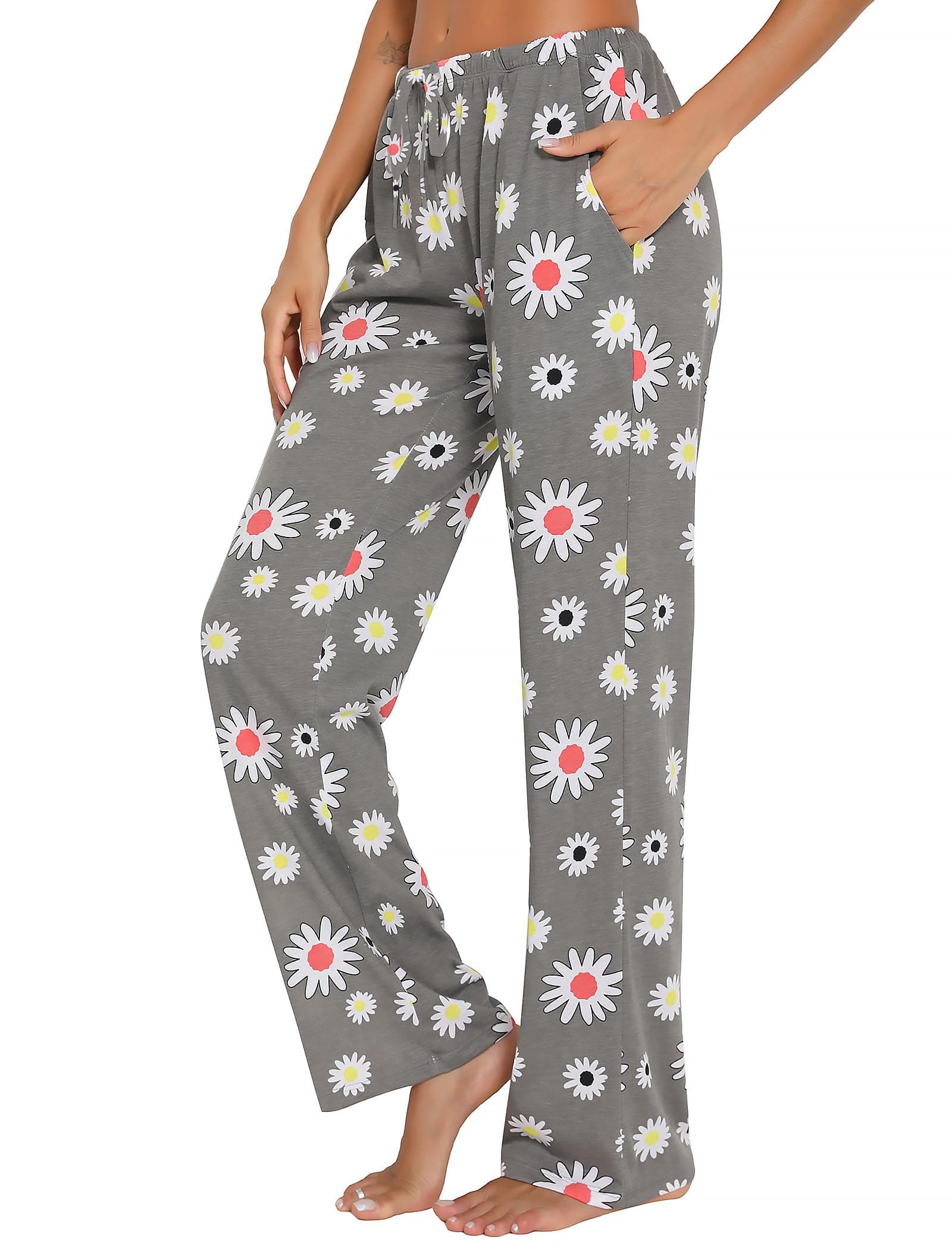 ENJOYNIGHT Womens Pyjama Bottoms Comfy Casual Pajama Trousers Cotton Print Pjs Lounge Pants with Pockets (Medium,Flower)