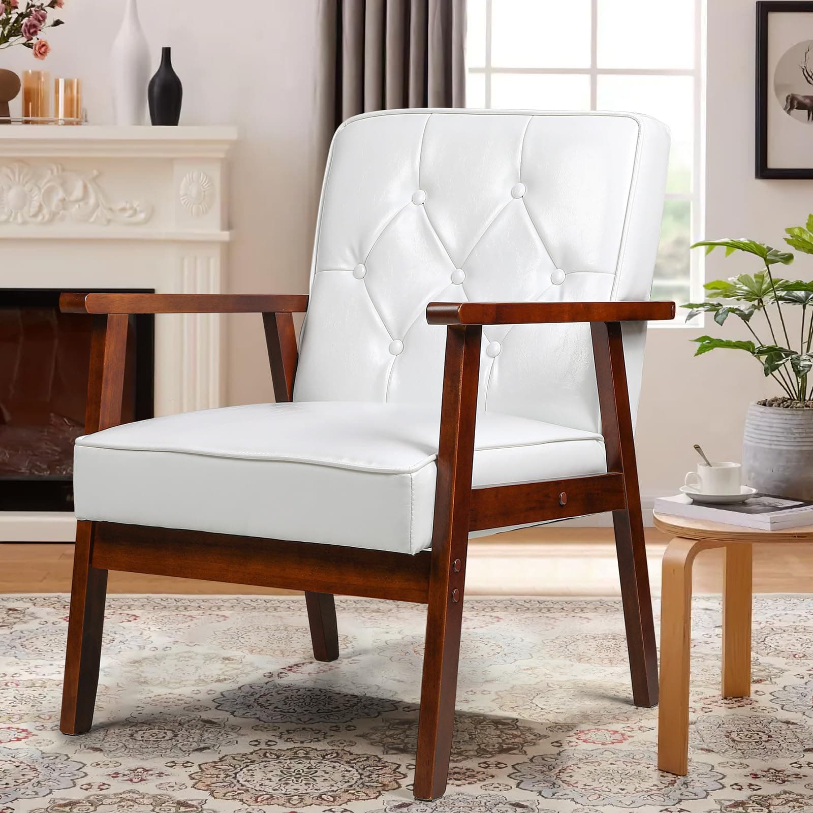 OFIKA Mid Century Modern Accent Chair with Arms, PU Leather Upholstered Living Room Chair with Wood Frame, Retro Reading Chair Armchair with Thick Cushion for Bedroom Sunroom