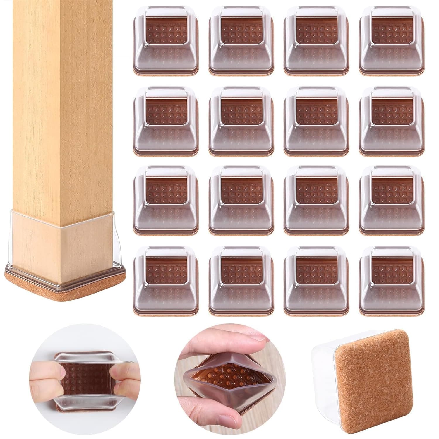 Ezprotekt 24 Pcs Clear Square Chair Leg Floor Protectors with Felt, Silicone Felt Furniture Pads for Hardwood Floor, Dining Table Leg Caps Covers No Scratches and Noise (L Fit: 1.1" - 1.34")