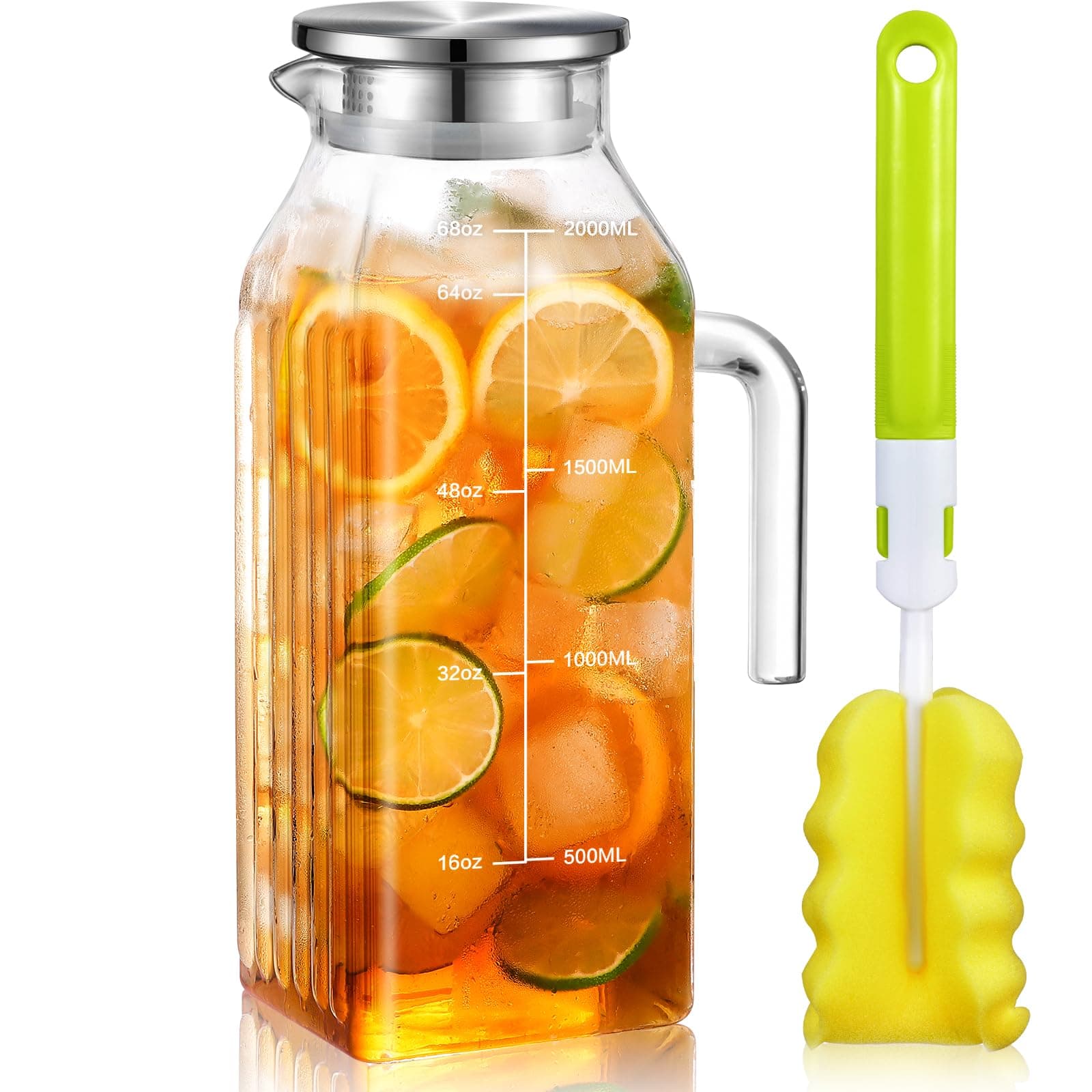 Aofmee 68oz 2 Liter Square Glass Pitcher with Lid for Fridge, Borosilicate Glass Water Pitcher with Lid and Handle, Heat Resistant Tea Pitchers Carafe with Scale Line for Hot/Cold Beverage