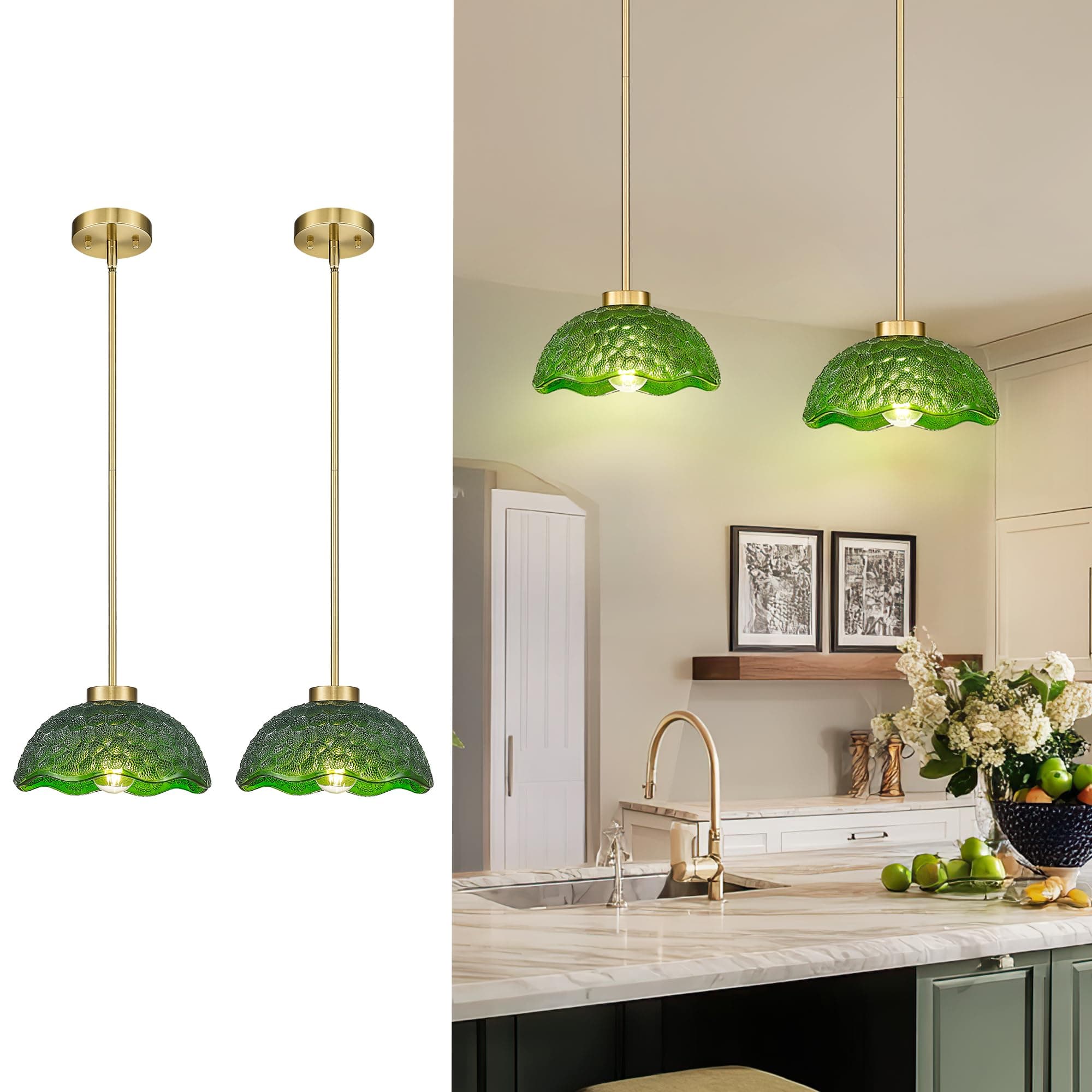 zeyu 10.4 Inch Green Glass Pendant Lightings, Brushed Gold 1 Light Island Light Fixtures, Hanging Lamps 2 Pack with Green Hammered Glass, ZJX116M1L-2PK BG G