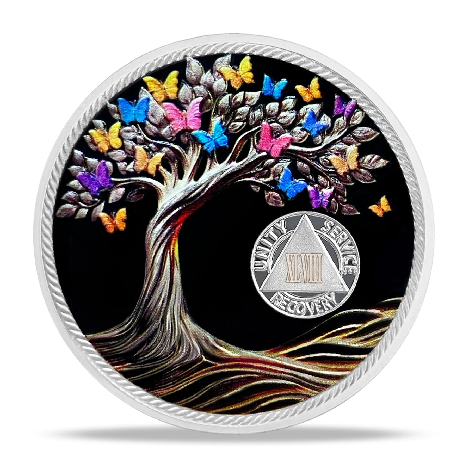 48 Year Sobriety Coin Tree of Life Butterfly AA Coin - HA AA Chip Medallion with Serenity Prayer | Narcotics Alcoholics Anonymous Gifts for Anniversary Year for Men & Women in Recovery