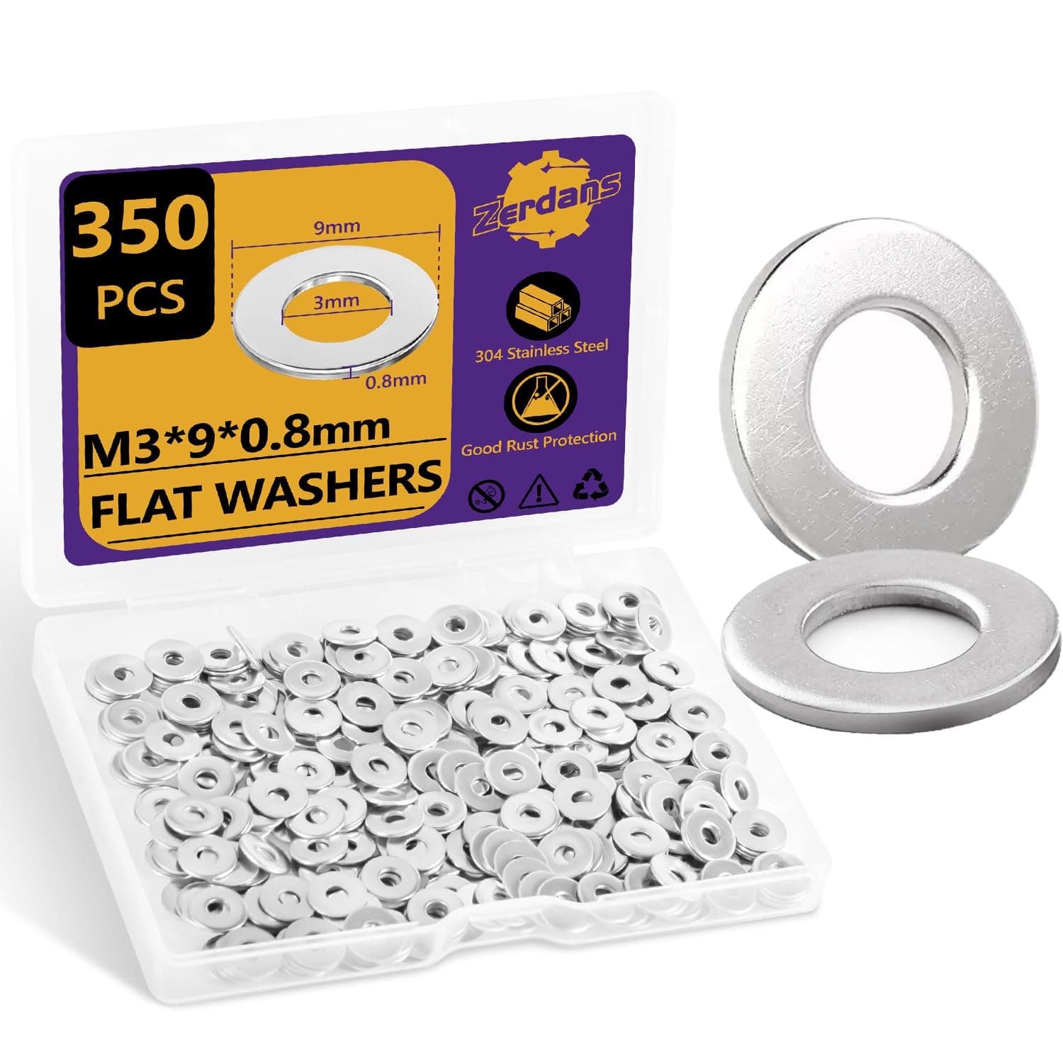 M3 Stainless Flat Washers, 350Pcs Metric Metal 304 Stainless Steel Flat Washer for Bolts Screws, Assorted Hardware Kit for Factories, Home, Shops, Construction (M3x9x0.8mm)