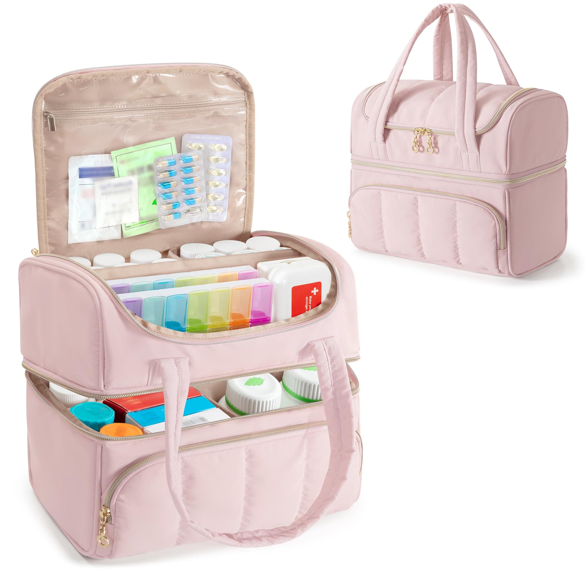 Damero Double Layers Medicine Bag, Lockable Pill Bottle Bag, Pink