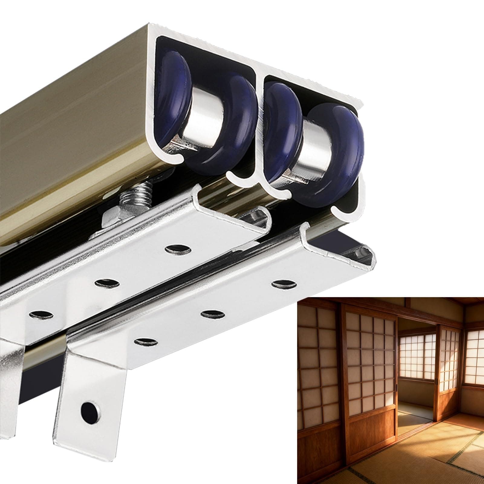 Bypass Barn Door Double Track Kit, Quiet Sliding Rail System for Interior Closet Doors, Closet Door Hardware 24"/ 30"/ 36"/ 48"/ 60"/ 72" Track(Champagne,28in/71cm)