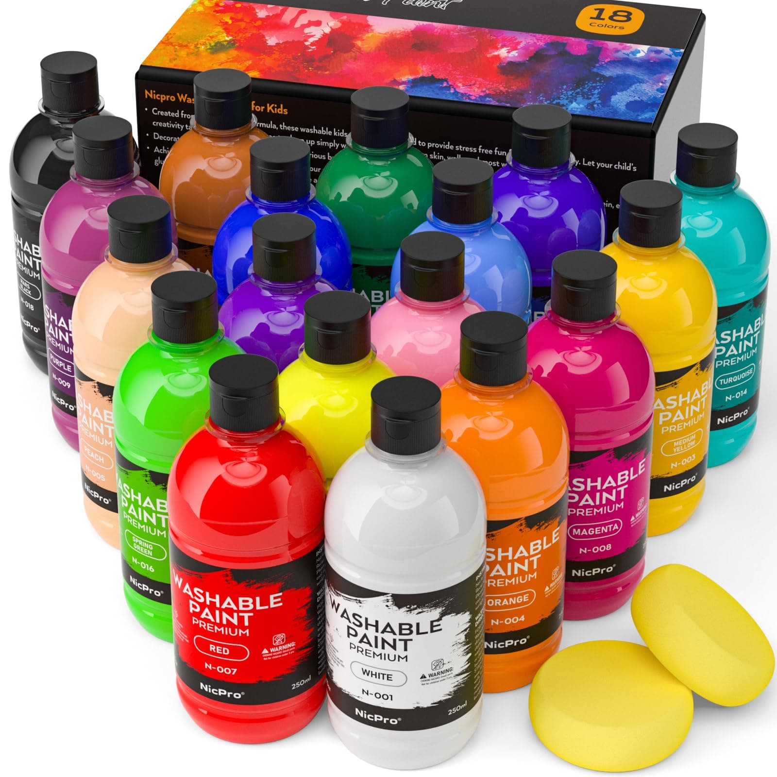Nicpro 18 Colors Large Washable Paint Set for Kid (8.4oz,250 ml), Bulk Tempera Paint Supplies Non Toxic Children Paint for Art, DIY Craft Supplies, Poster & Finger Paint, School, Home,Classroom, Party