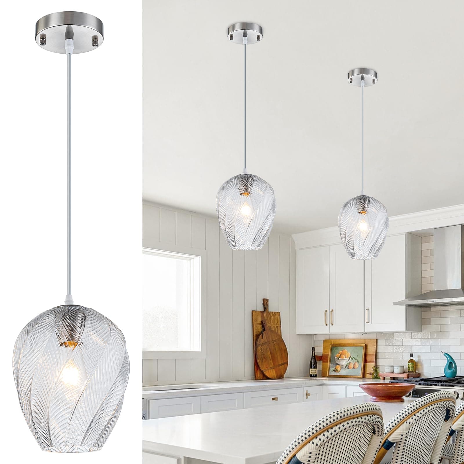 foucasal Handcrafted Sturdy Glass Pendant Light Fixture, Brushed Nickel