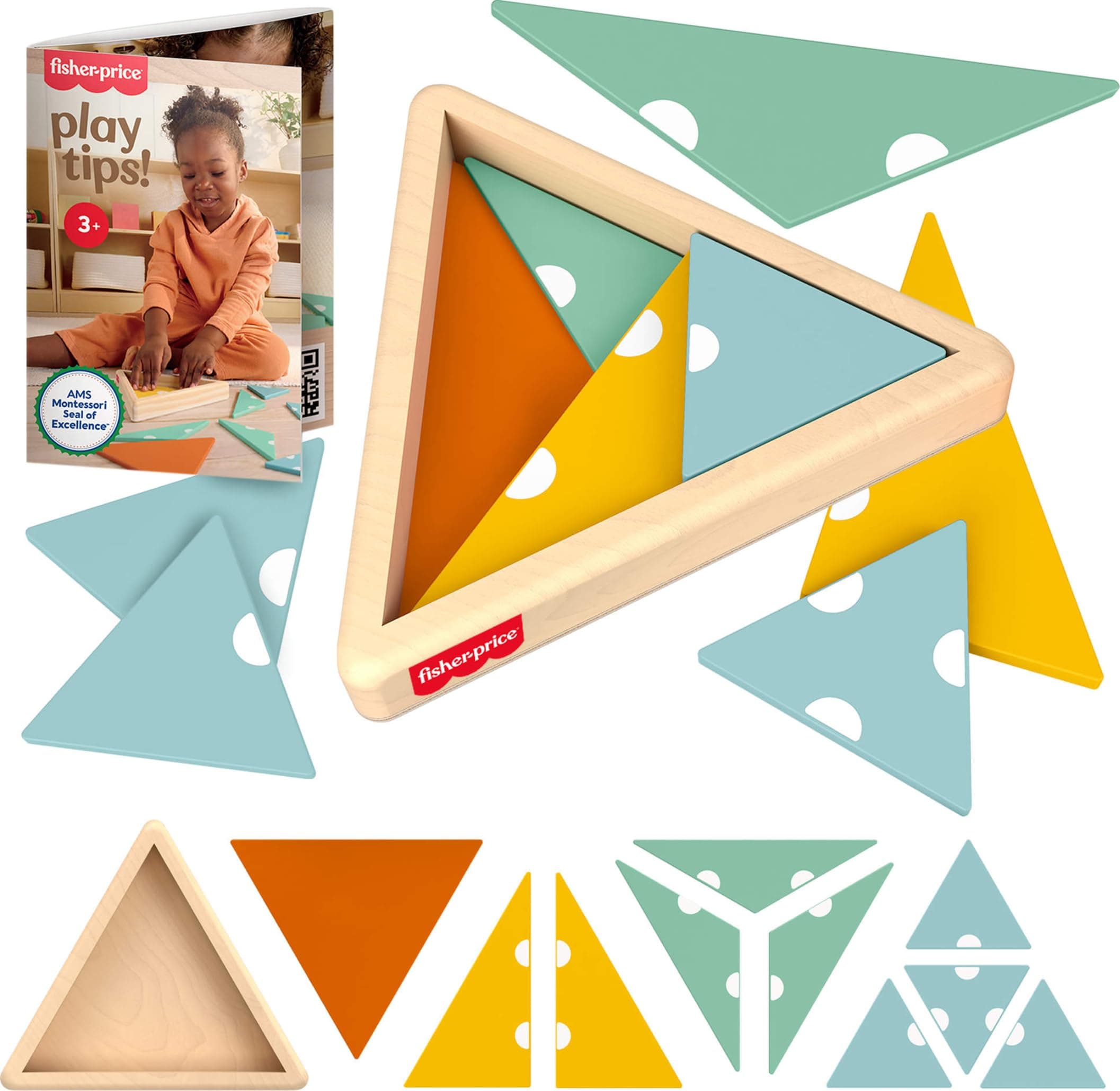 Fisher-Price Wood Montessori Toy Triangle Puzzle, American Montessori Society Seal of Excellence, 10-Piece Wooden Learning Activity & Expert Play Tips for Kids Ages 3+ Years