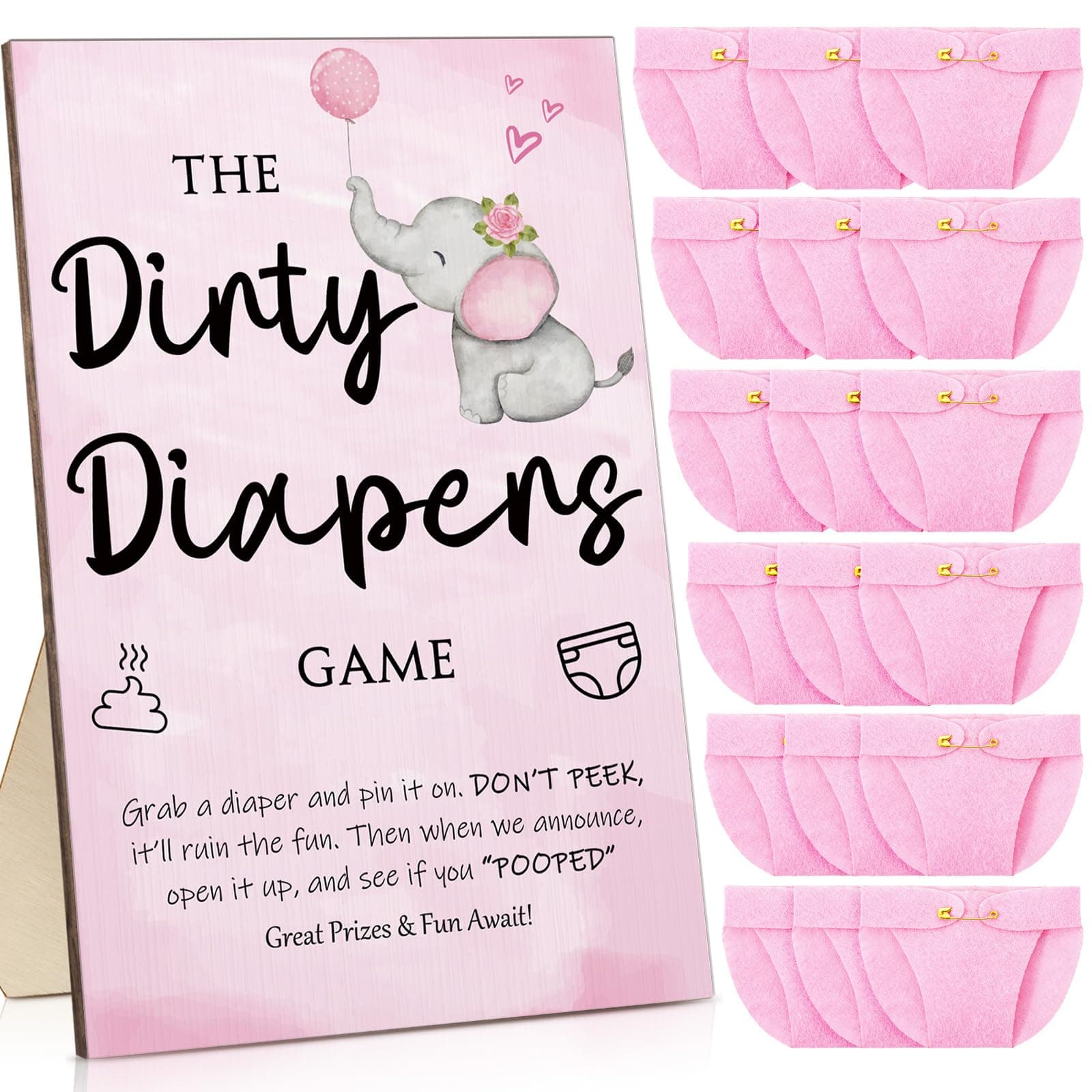 Roowest 51 Pcs Dirty Diaper Baby Shower Games Funny Wooden Sign with 50 Pcs Mini Diapers Cute Felt for Gender Reveal Party Baby Shower(Pink Elephant)