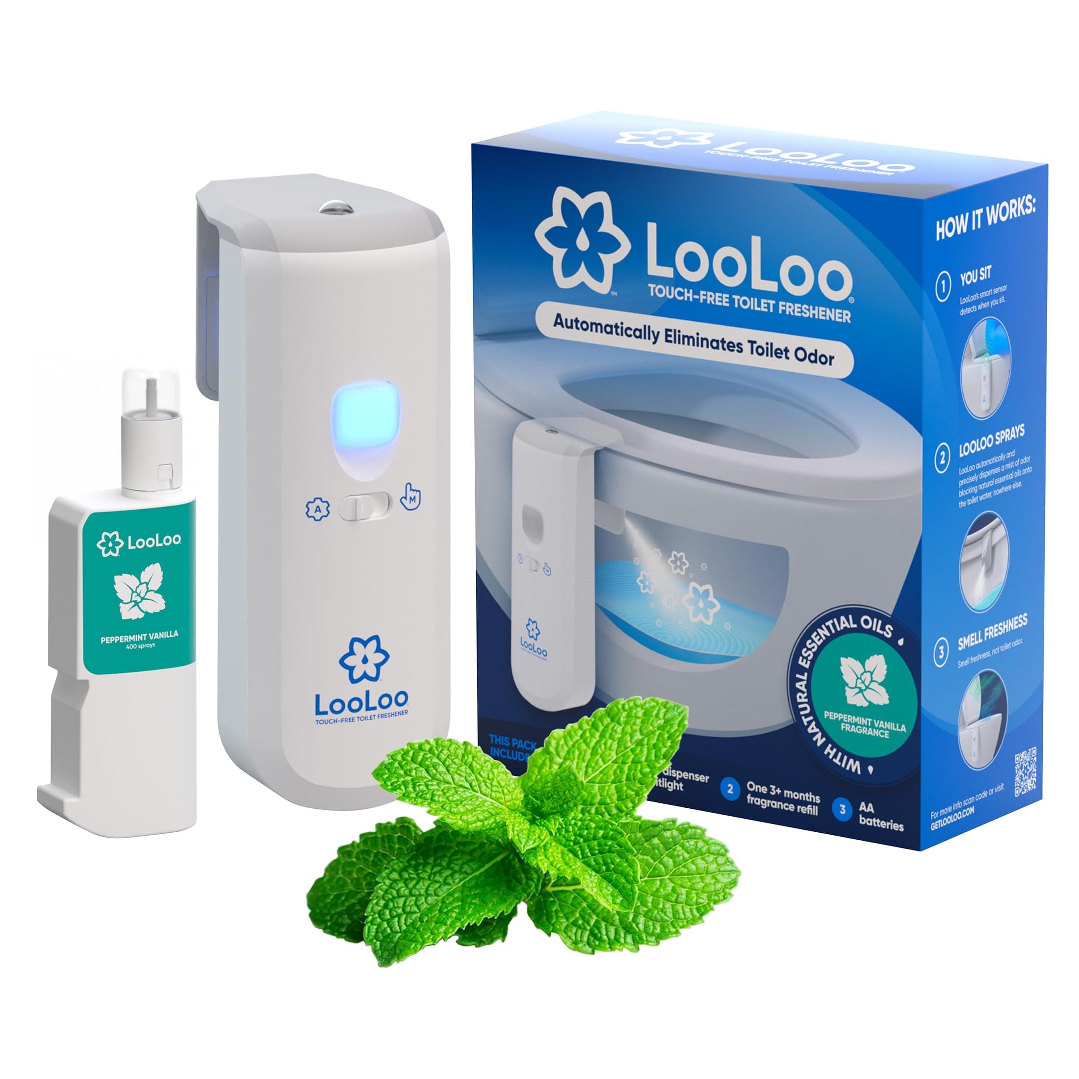 LooLoo 3.0 Touch Free Toilet Freshener, Automatic Touchless Toilet Air Freshener Spray For Bathroom Starter Kit (Dispenser and 1 Fragrance Bottle) with Toilet Light and Deodorizer - Peppermint Vanilla