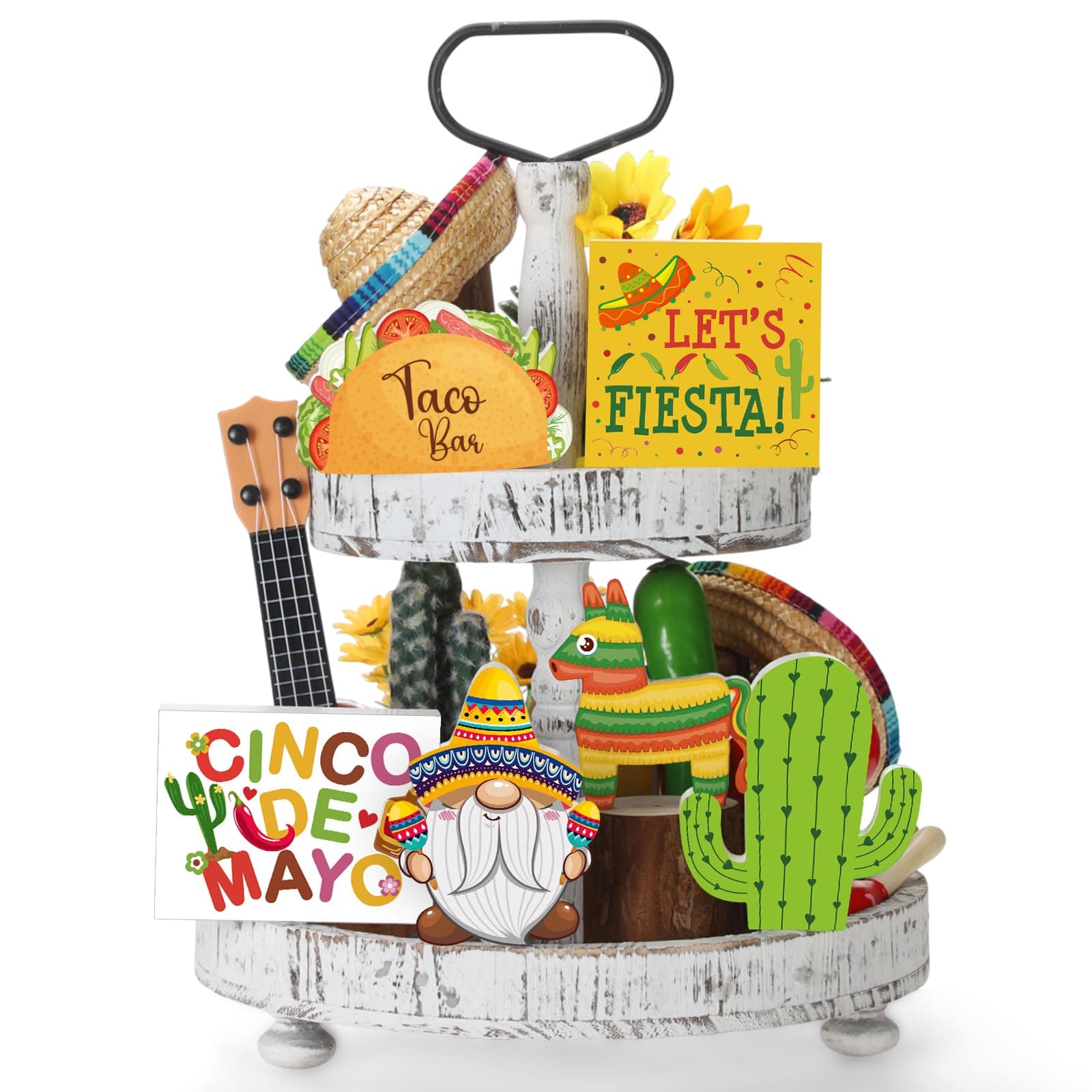 Tradder 6 Pieces Mexican Fiesta Party Tiered Tray Decor Wooden Sign Cinco De Mayo Wood Decoration Margarita Party Tall Standing Wooden Table Centerpiece for Home Kitchen Shelf Sitting
