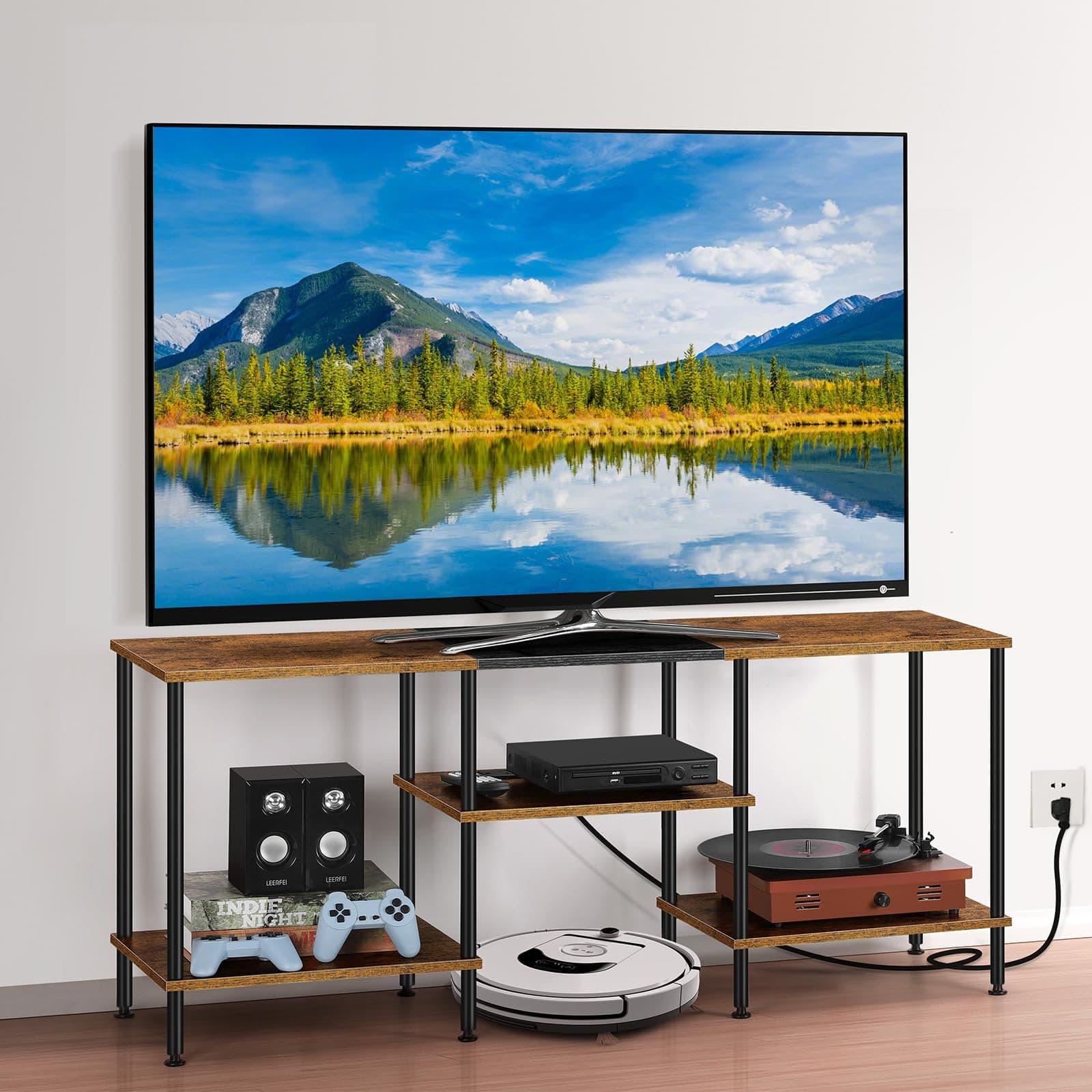 TV Stand for Bedroom 50 Inch TV Stand with Power Outlet 3 Tier Entertainment Center with Storage TV Console Table for 50 43 40 32 Inch TV, Rustic Brown