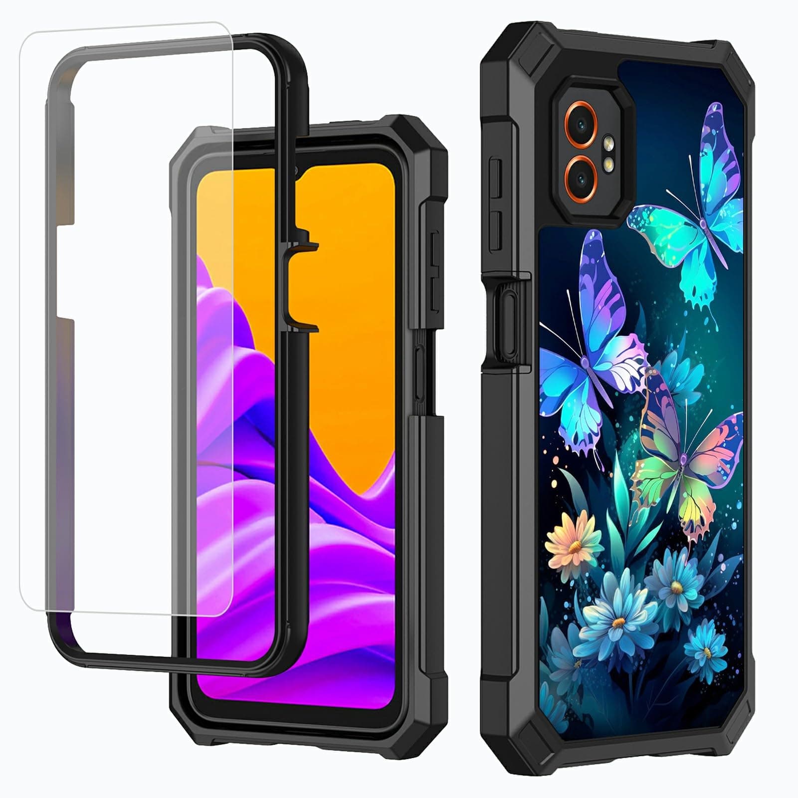 BFDHGQZC Case for Samsung Galaxy Xcover 7 Pro with Screen Protector,Heavy Duty Dual Layer Hard PC& Soft TPU Bumper Shockproof Protective Cover for Samsung Xcover 7 Pro,Blue Butterflies Flowers