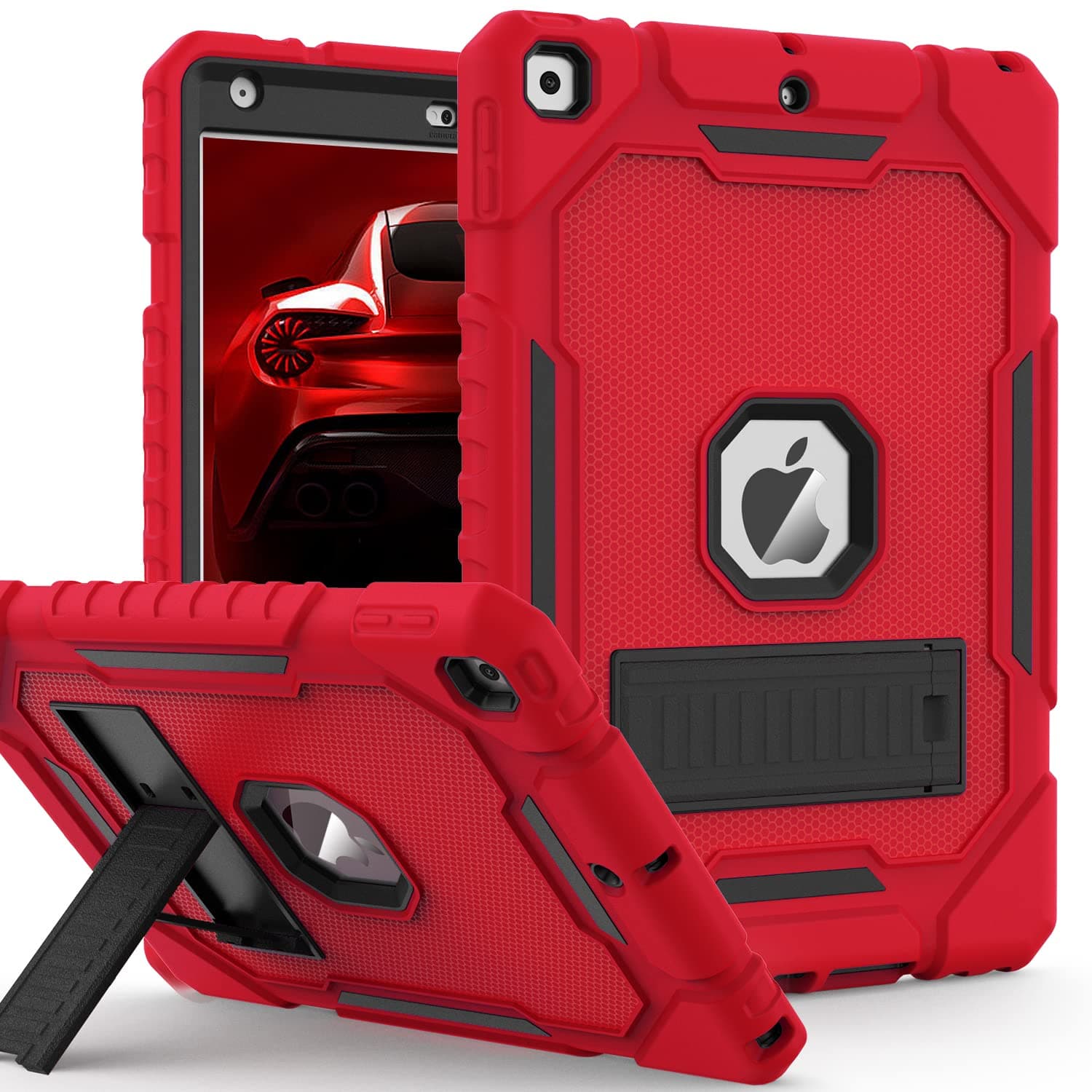 ZoneFoker Case for iPad 9th/8th/7th Generation 2021/2020/2019(10.2 inch), Heavy Duty Shockproof Rugged Protective 10.2" Cover with Built-in Kickstand for iPad 9 8 7 Gen (Red+Black+Black)